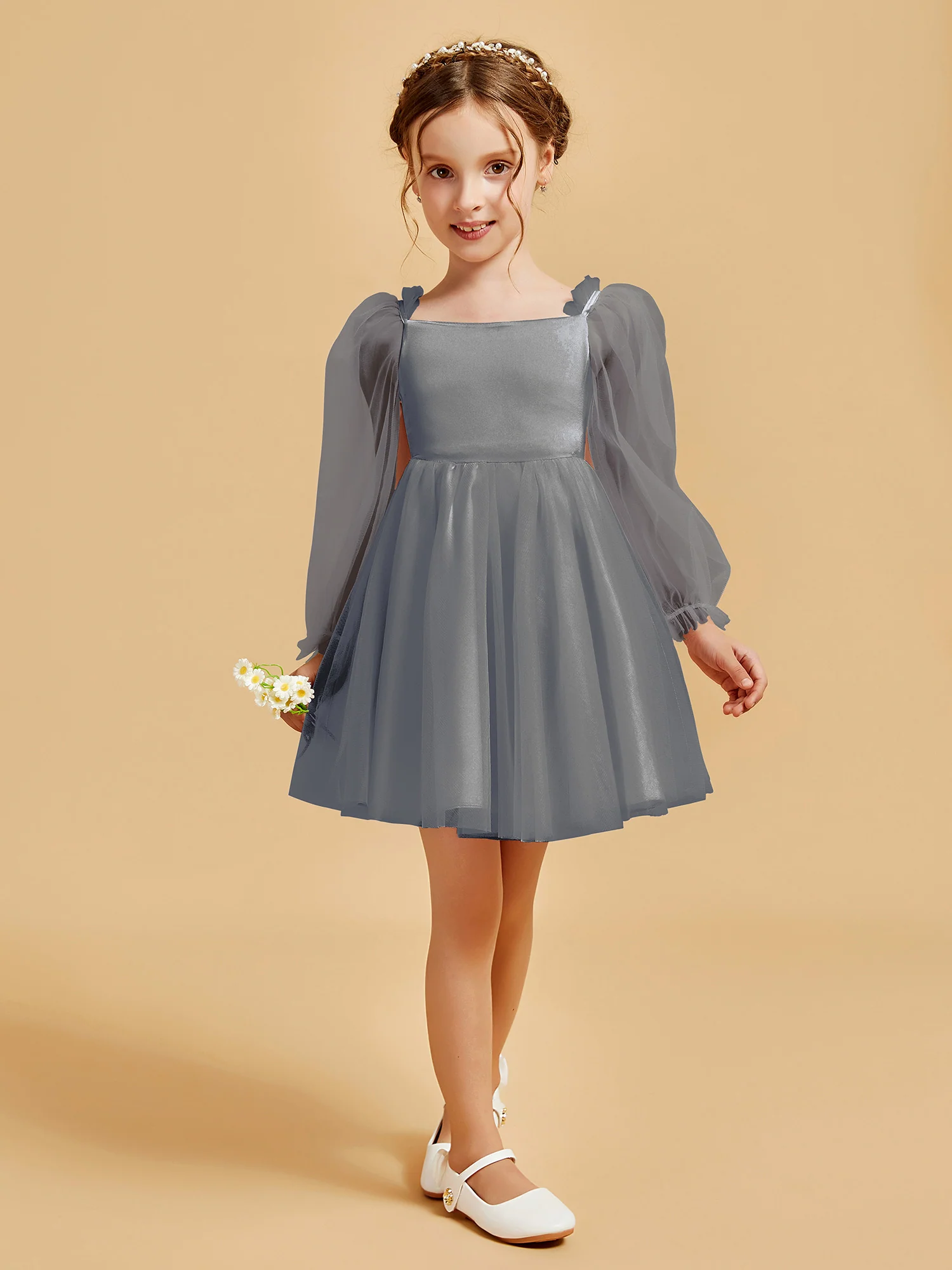 Square Neck Long Sleeve Girl's Short Dress Steel Grey