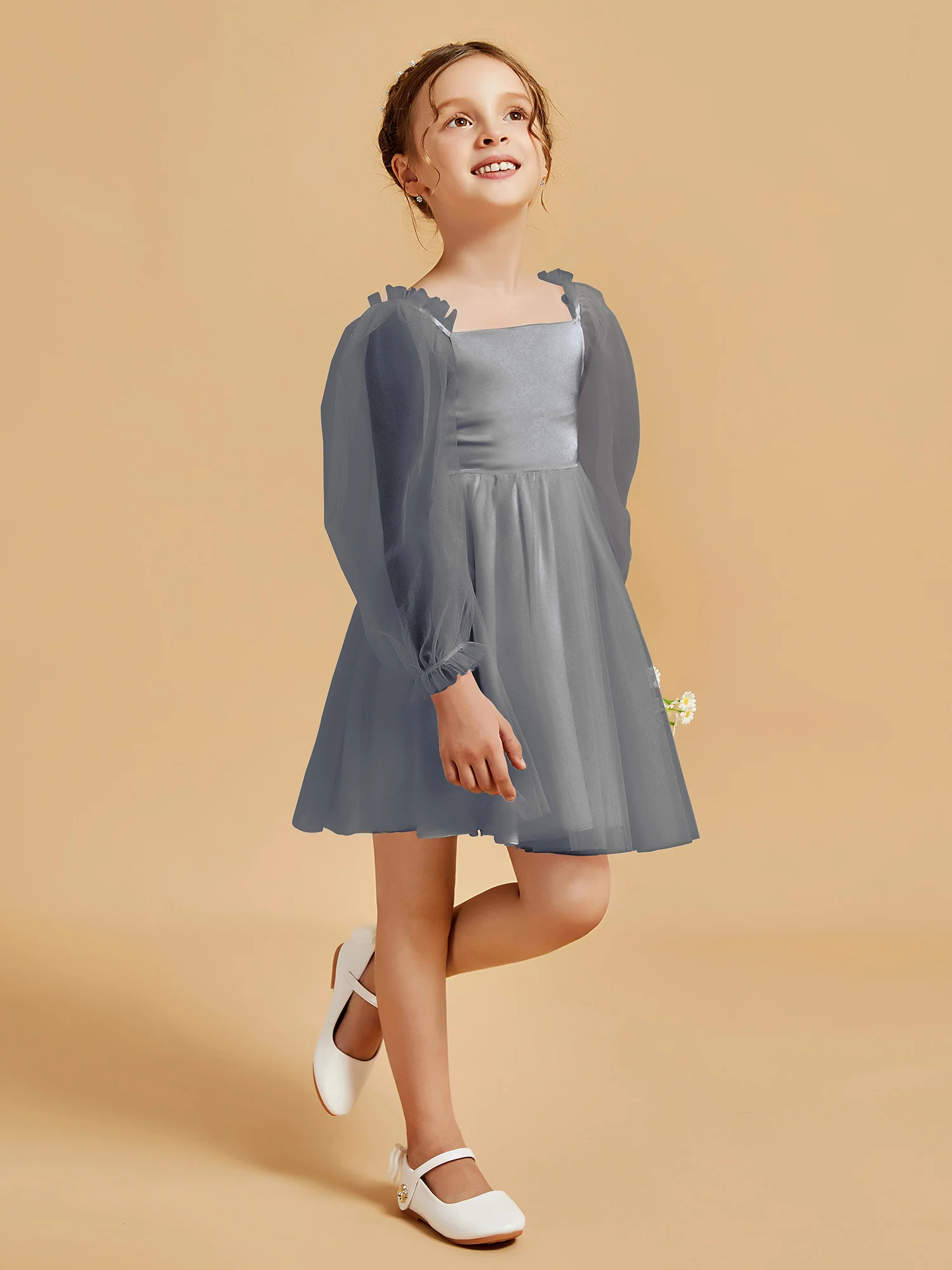 Square Neck Long Sleeve Girl's Short Dress Steel Grey - Image 3