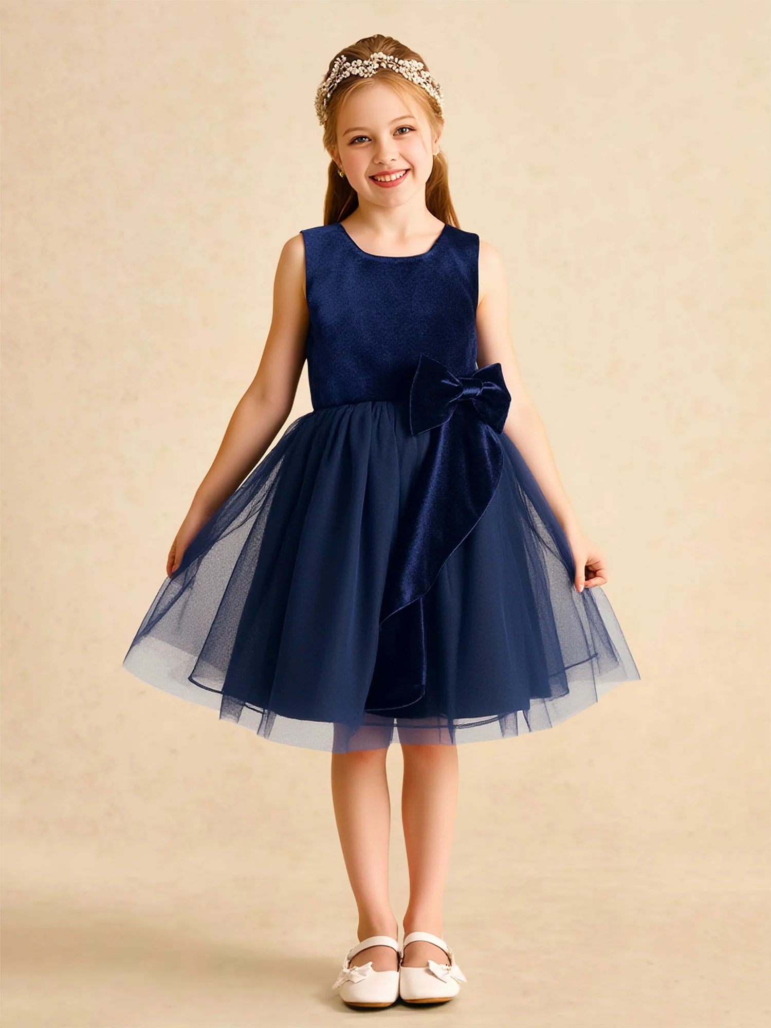 Square Neck Velvet Tulle Flower Girl Dress With Bow Dark Navy