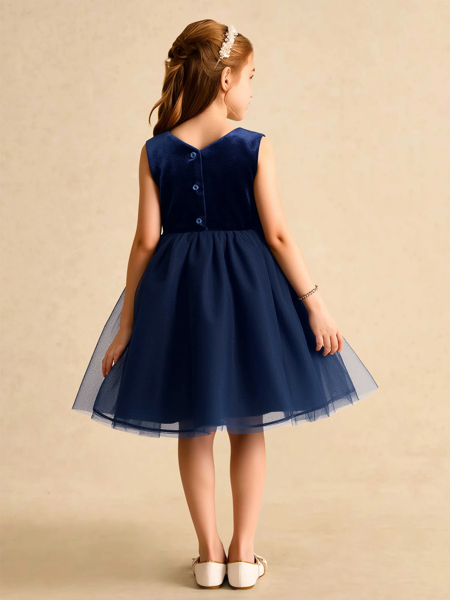 Square Neck Velvet Tulle Flower Girl Dress With Bow Dark Navy - Image 2