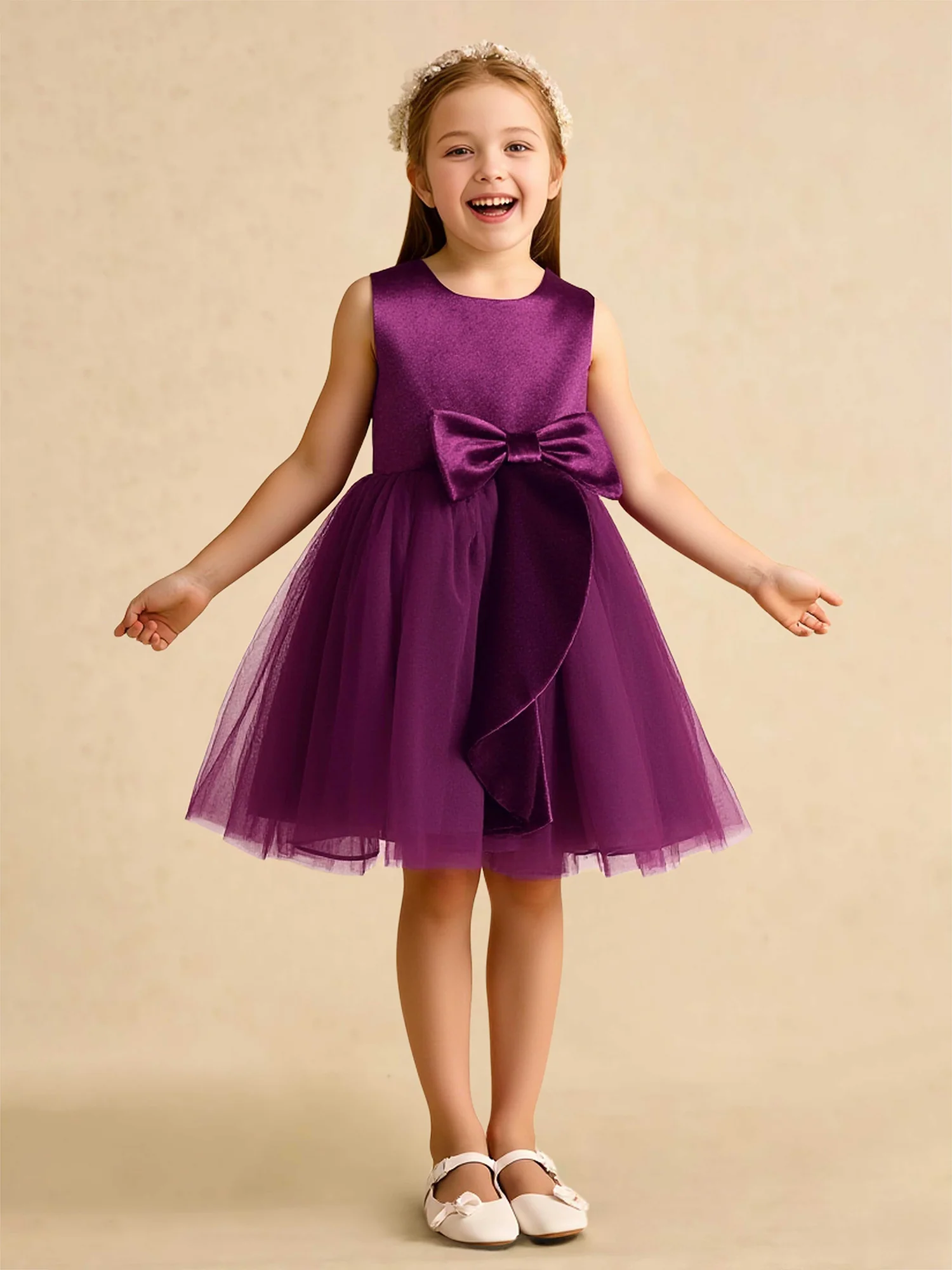 Square Neck Velvet Tulle Flower Girl Dress With Bow Orchid
