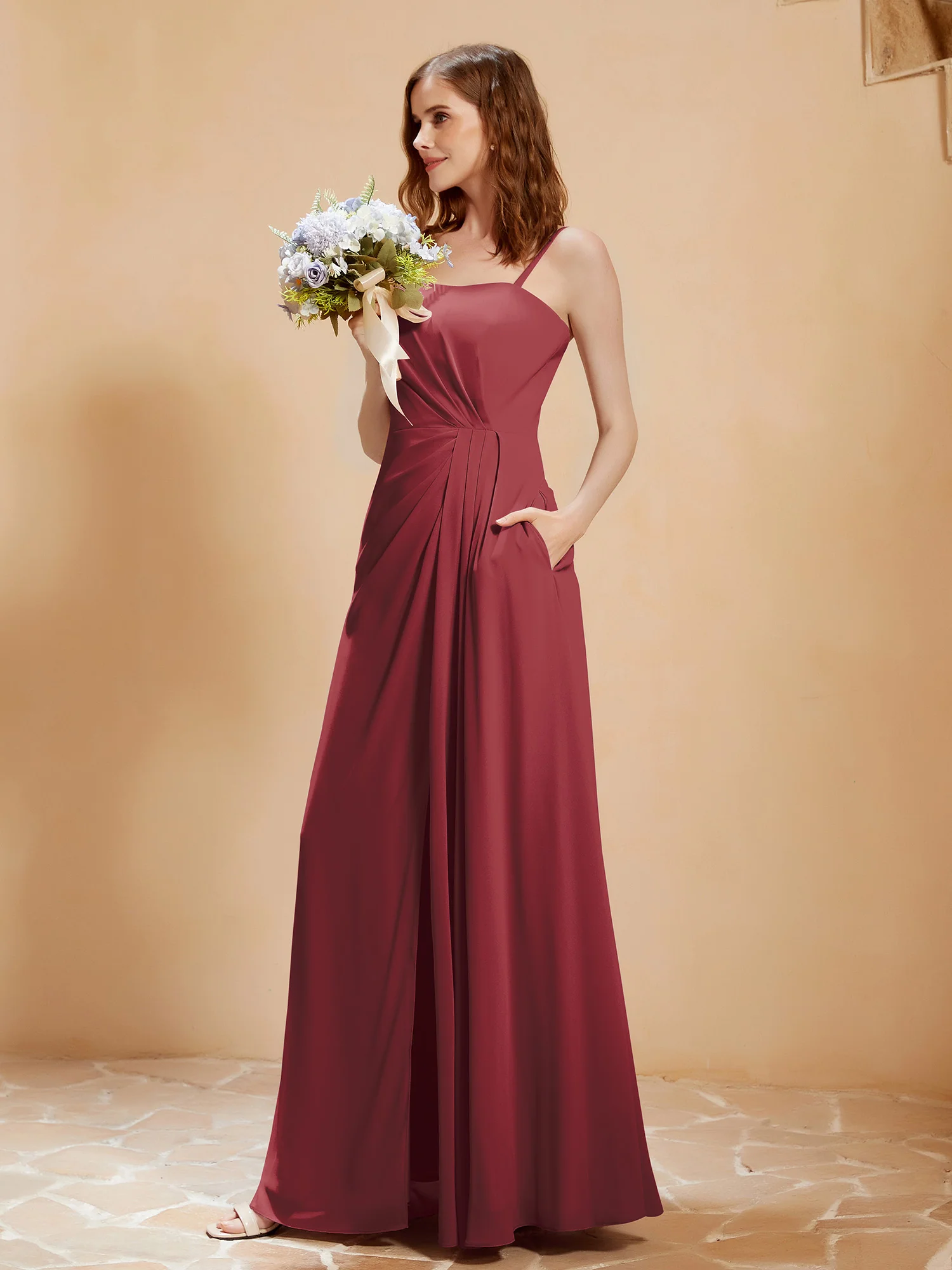 Square Neckline A-line Chiffon Dress With Pocket Cinnamon Rose