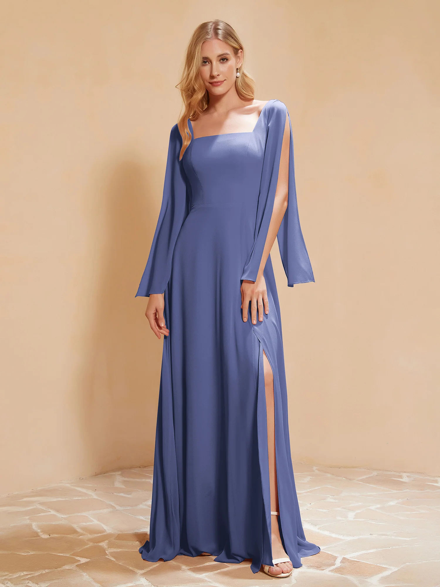 Square Neckline Ruched Chiffon Floor-length Dress Periwinkle Plus Size
