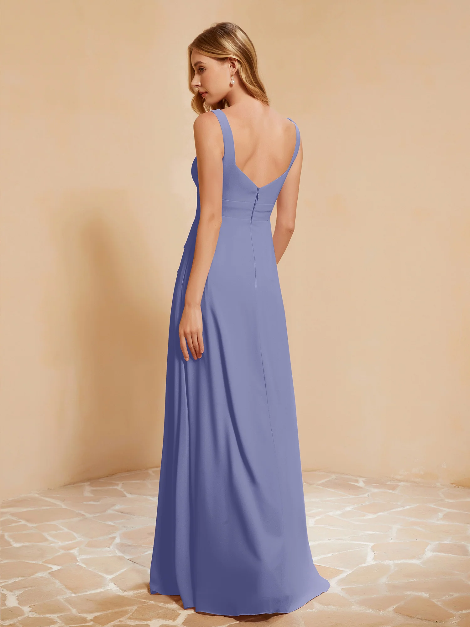 Square Neckline Ruffle Backless Chiffon A-line Dress Periwinkle - Image 2