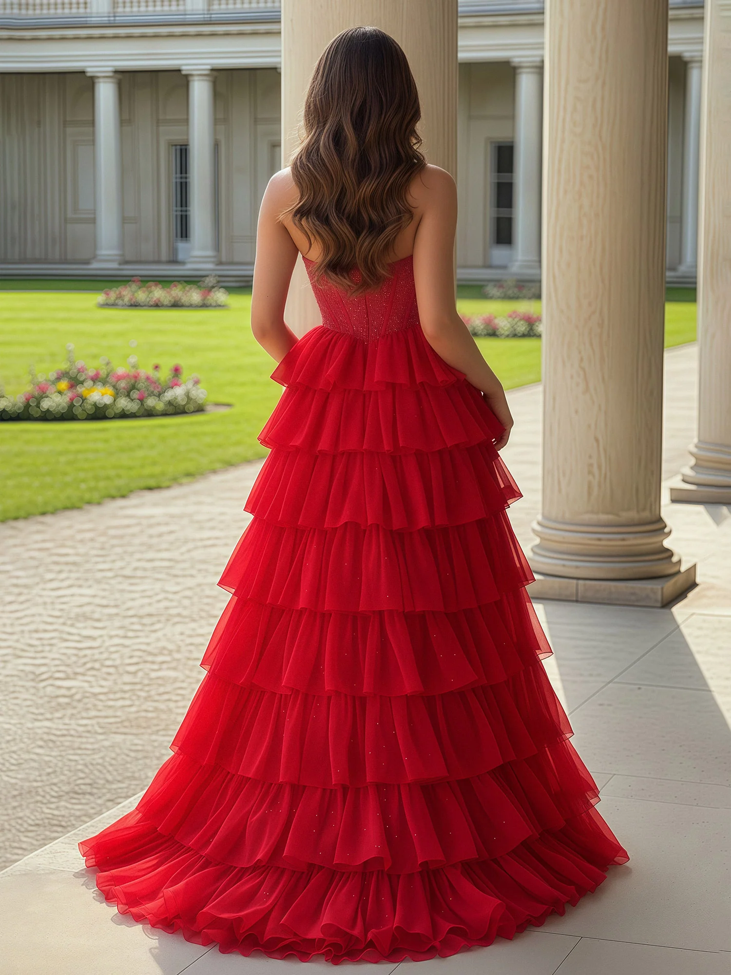 Strapless Beaded Corset Tiered Dress With Slit Red - Image 2