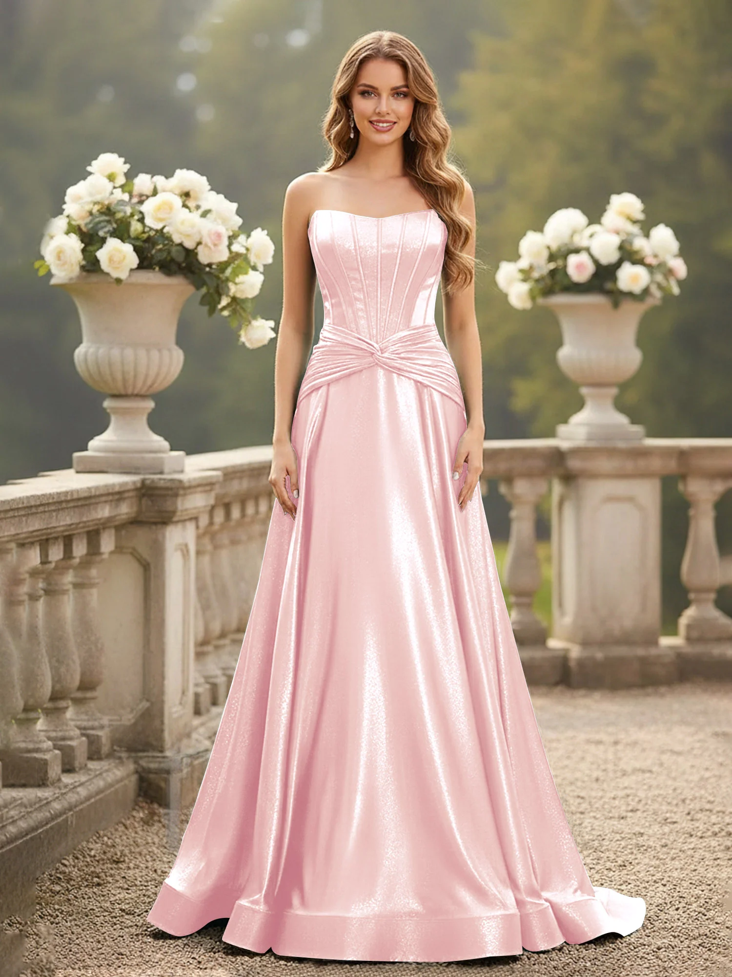 Strapless Pleated A-Line Sweep Train Gown Blushing Pink