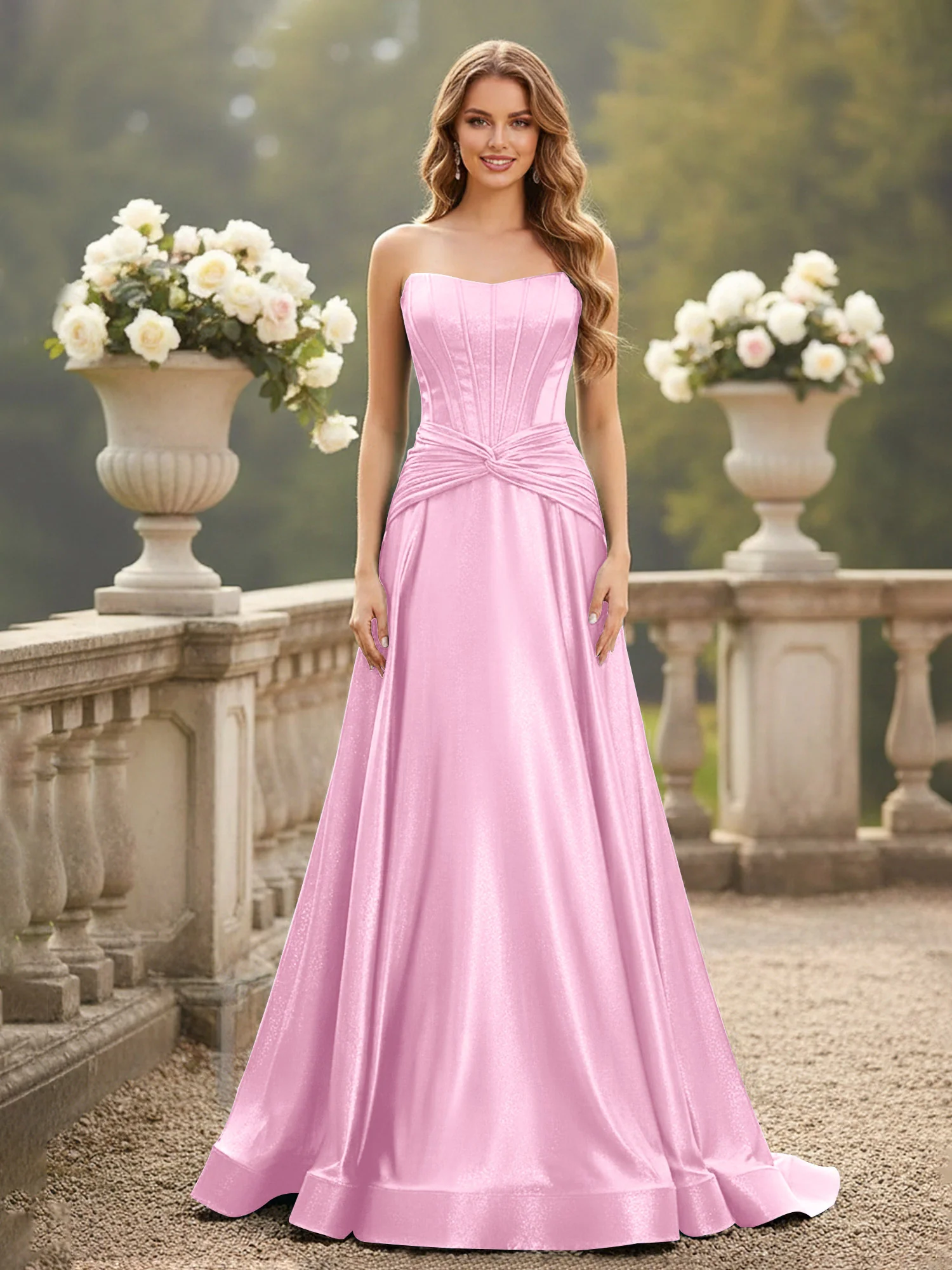 Strapless Pleated A-Line Sweep Train Gown Candy Pink