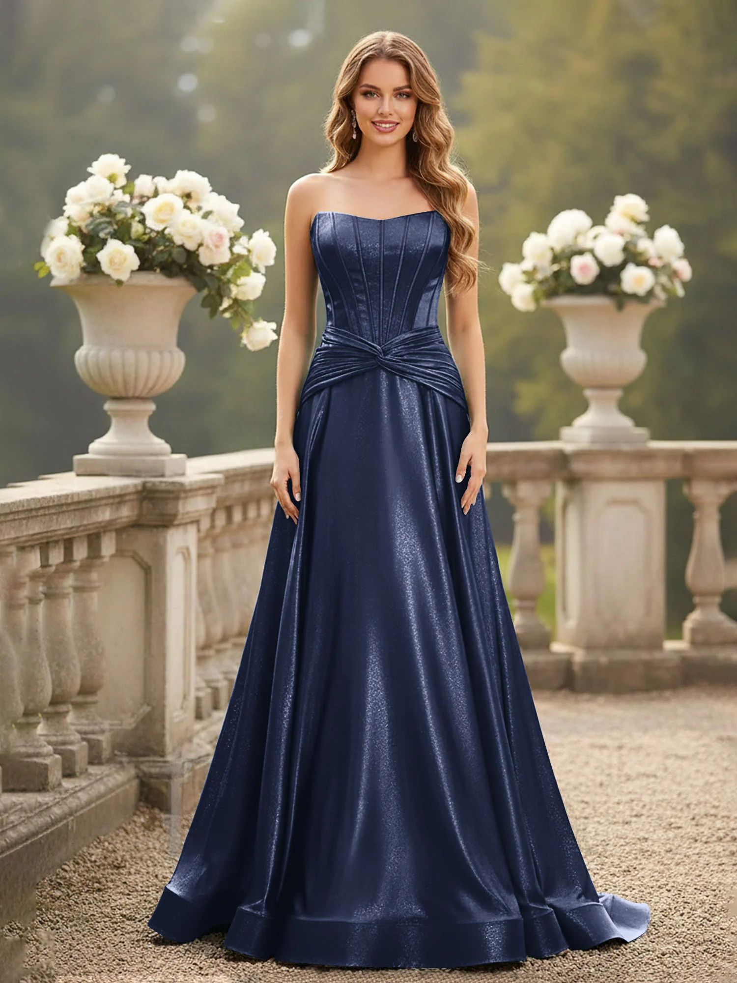 Strapless Pleated A-Line Sweep Train Gown Dark Navy