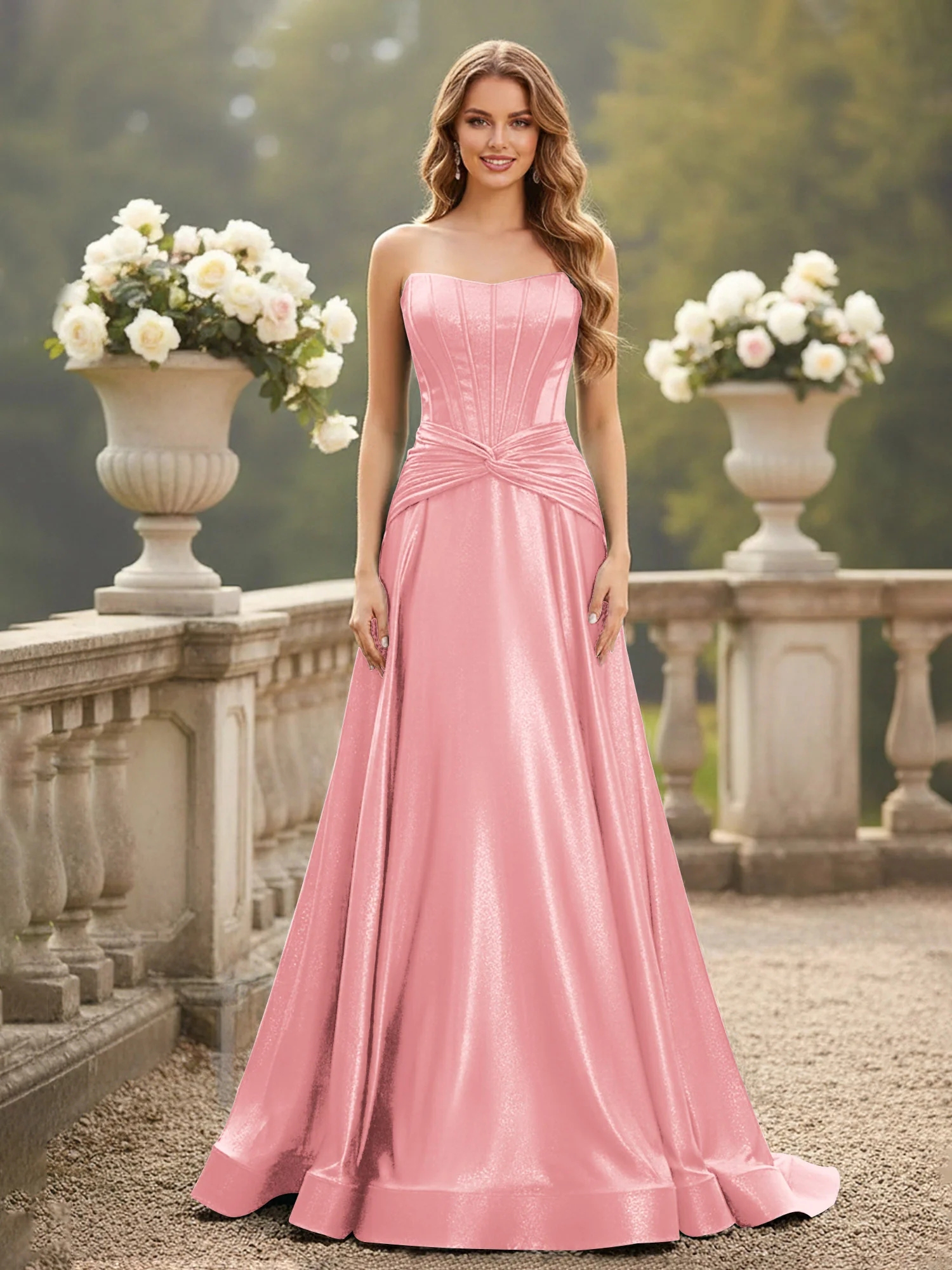 Strapless Pleated A-Line Sweep Train Gown Flamingo
