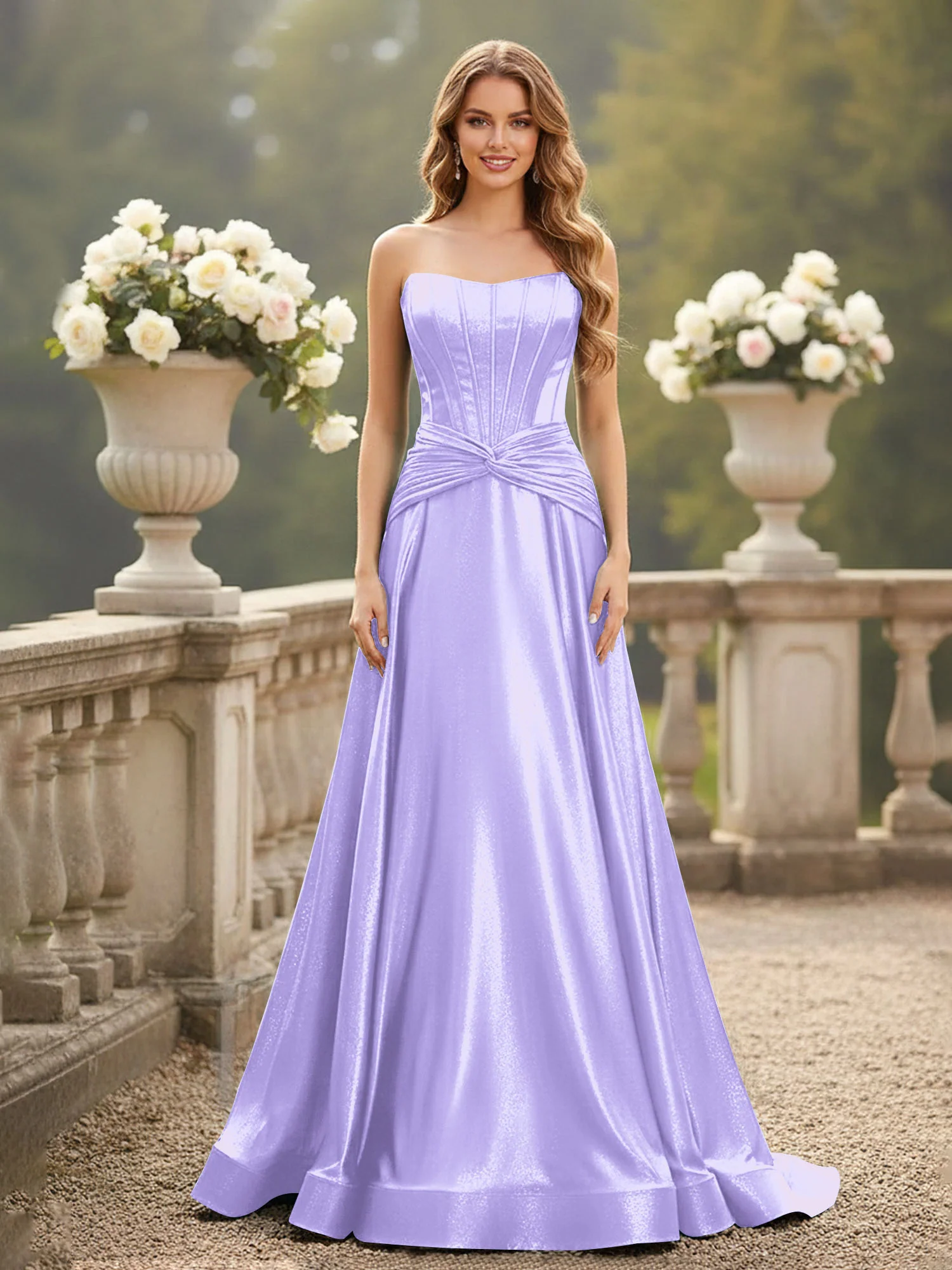 Strapless Pleated A-Line Sweep Train Gown Lilac