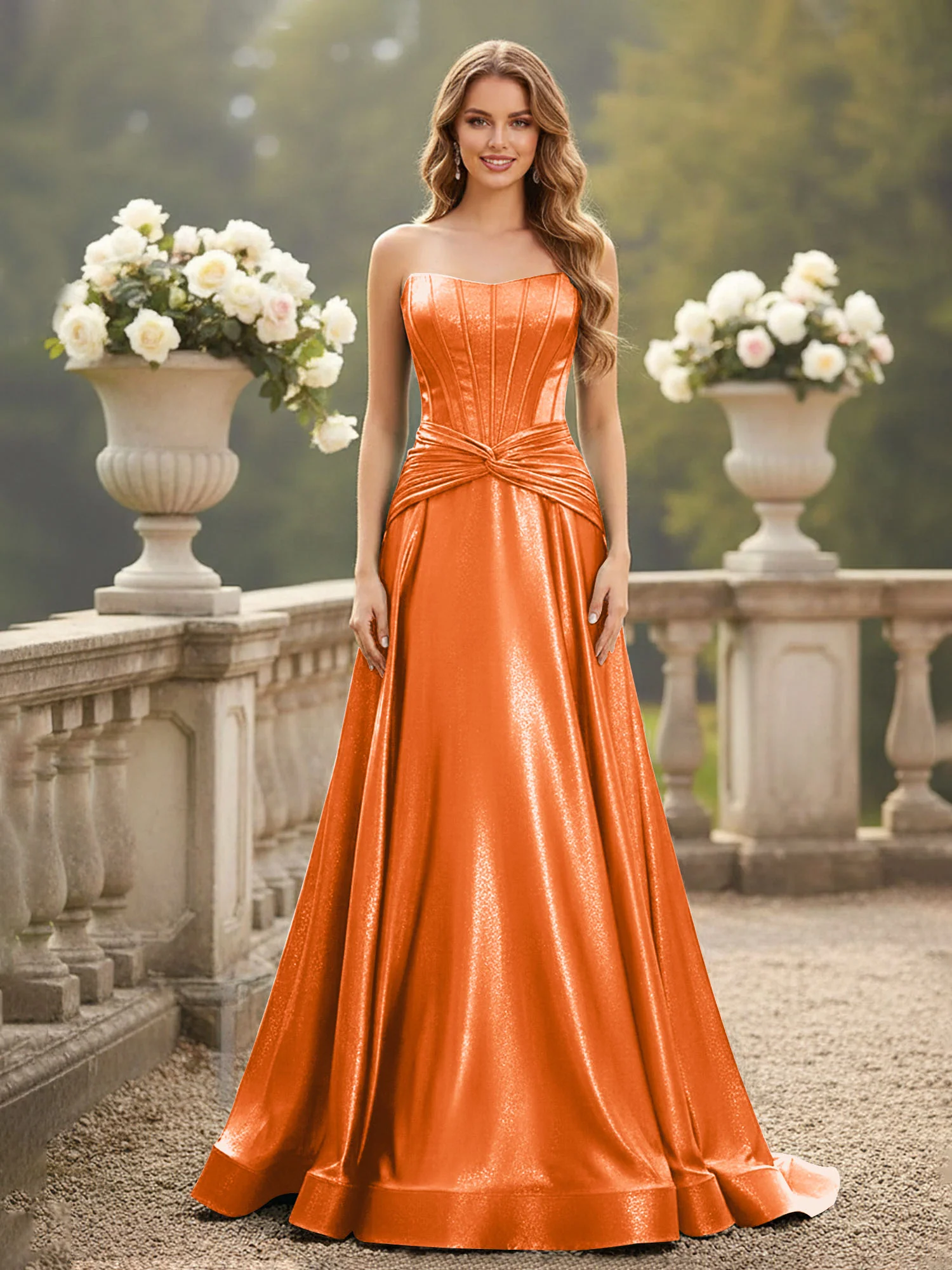 Strapless Pleated A-Line Sweep Train Gown Orange