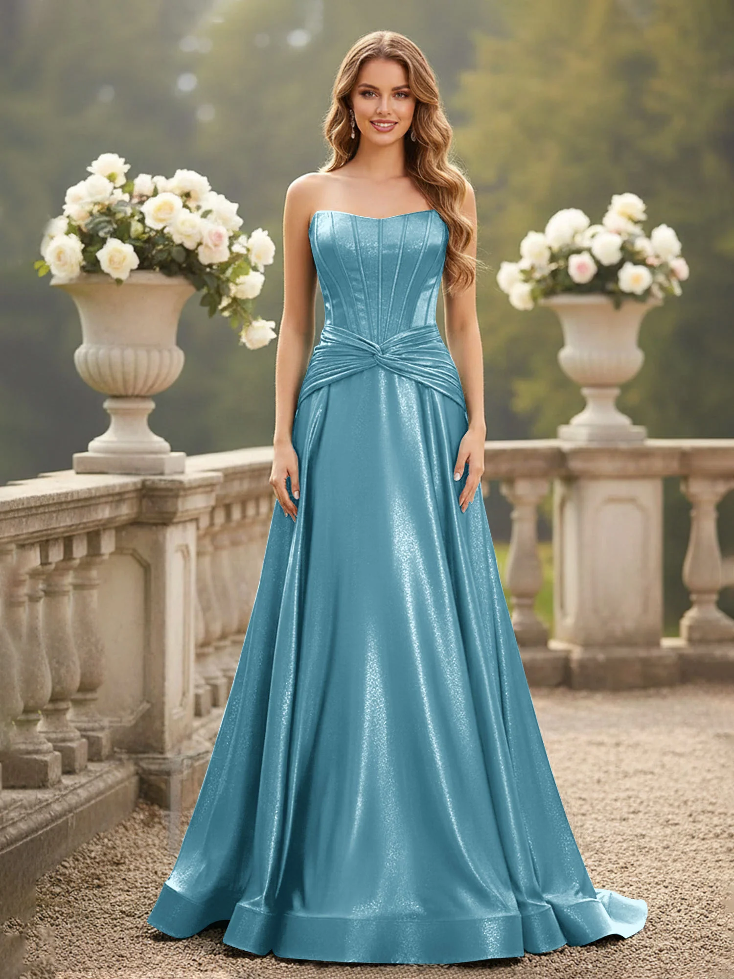 Strapless Pleated A-Line Sweep Train Gown Pool