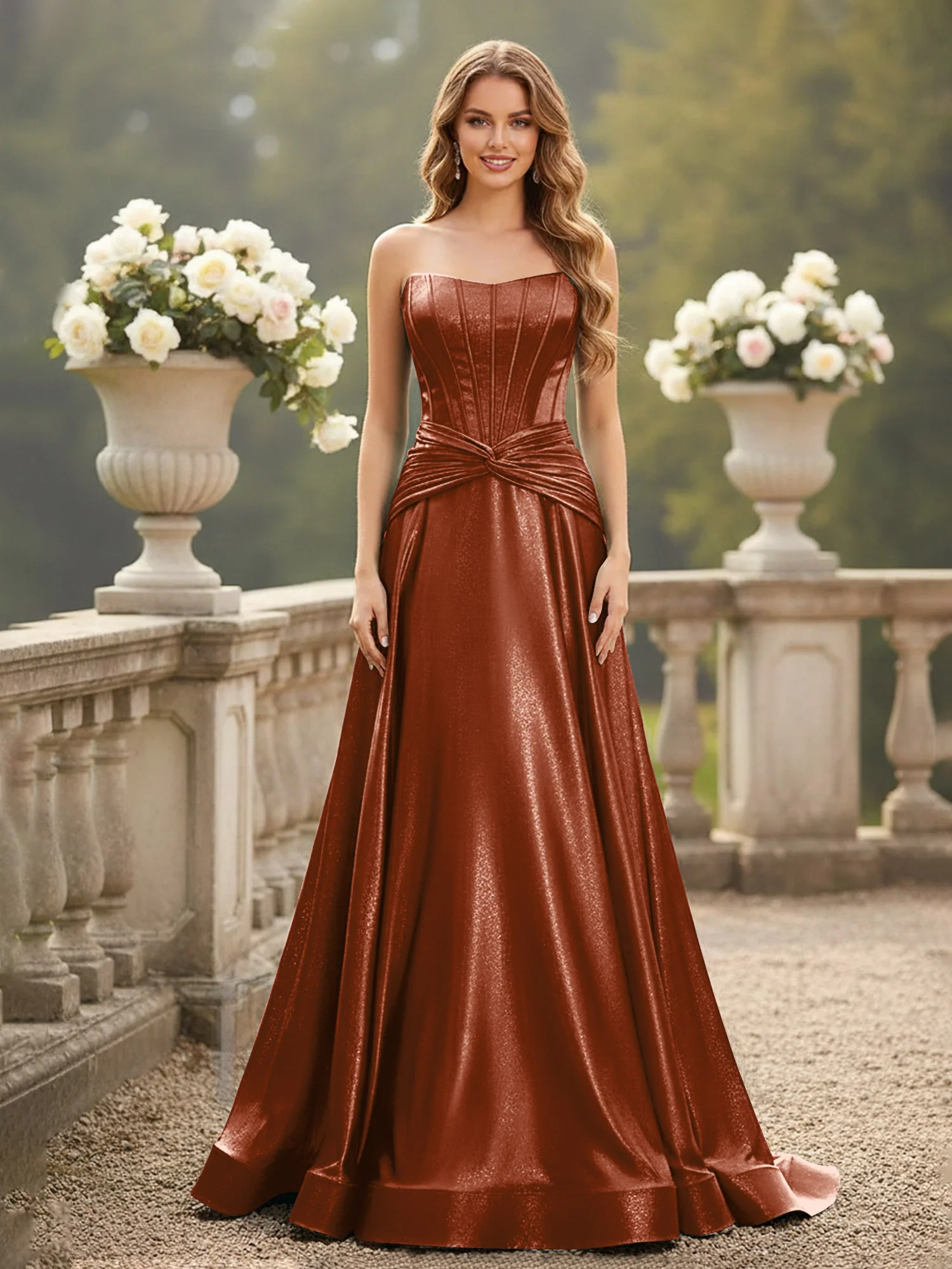 Strapless Pleated A-Line Sweep Train Gown Terracotta