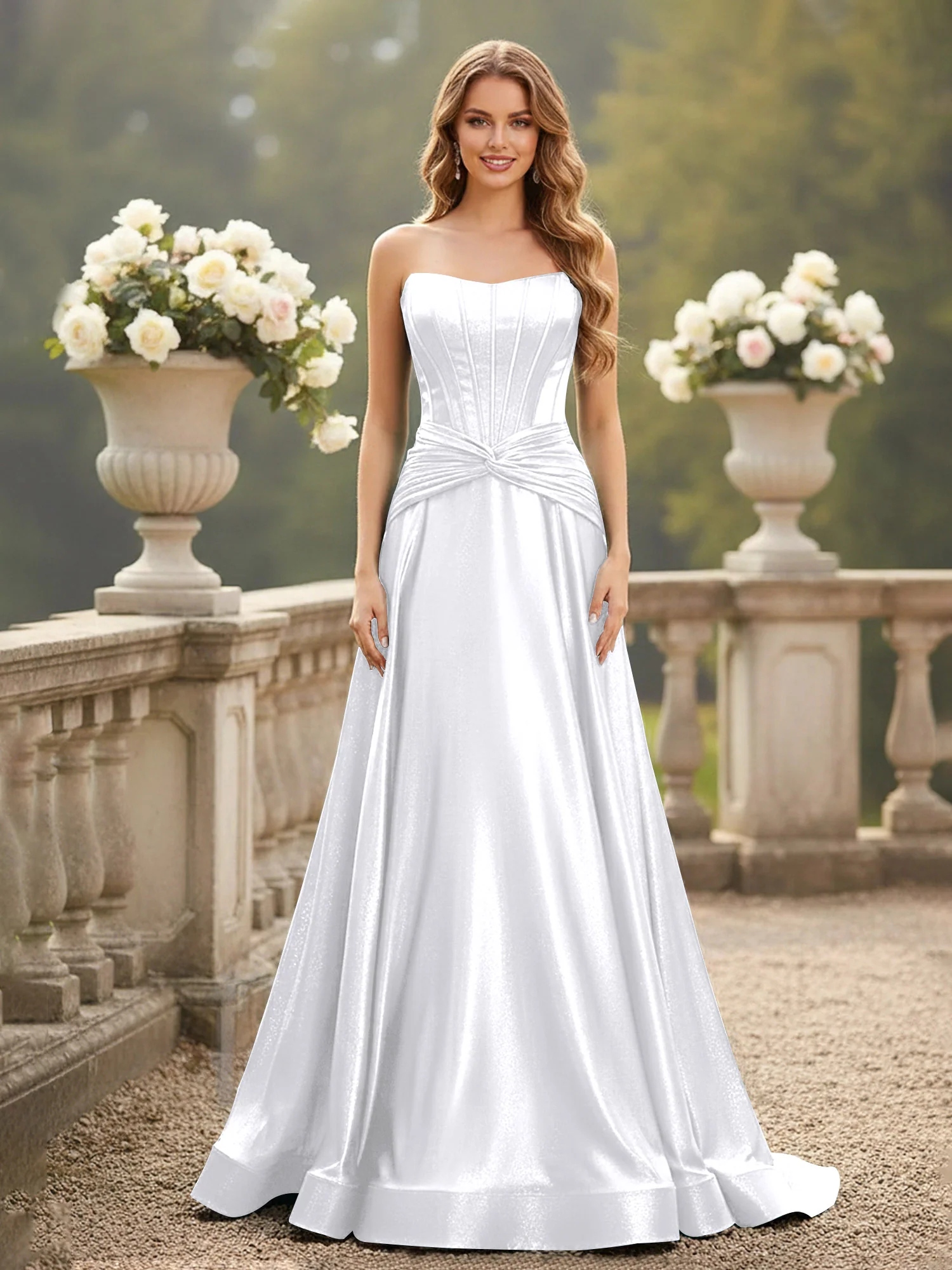 Strapless Pleated A-Line Sweep Train Gown White