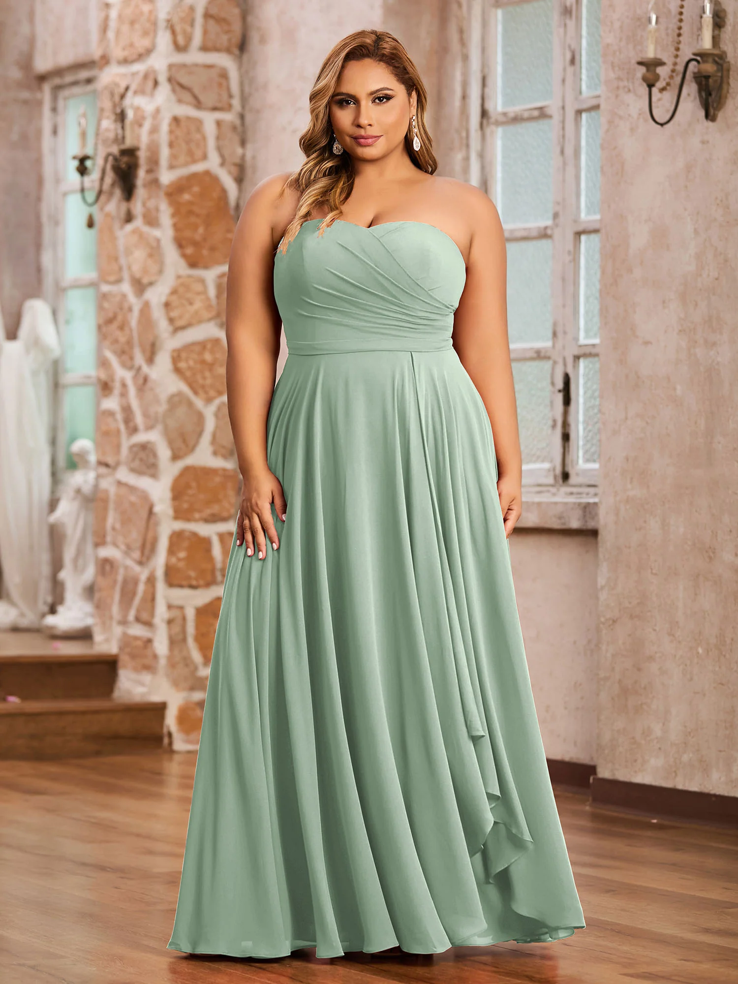 Strapless Sweetheart Neck Chiffon Long Dresses-Agave - Image 8