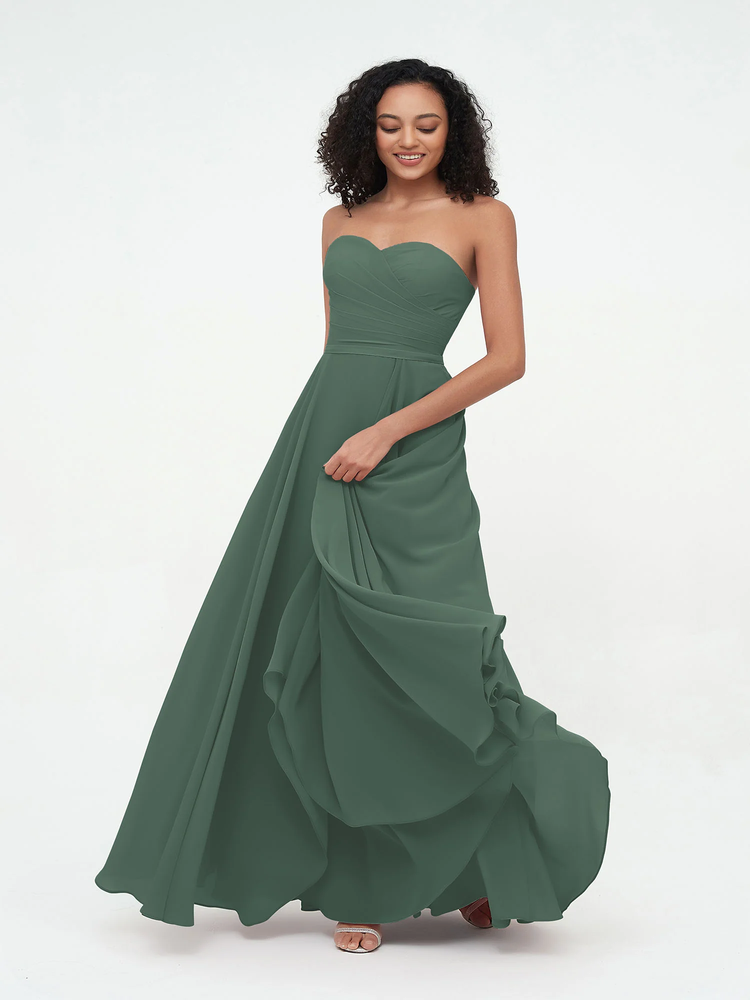 Strapless Sweetheart Neck Chiffon Long Dresses-Eucalyptus - Image 3