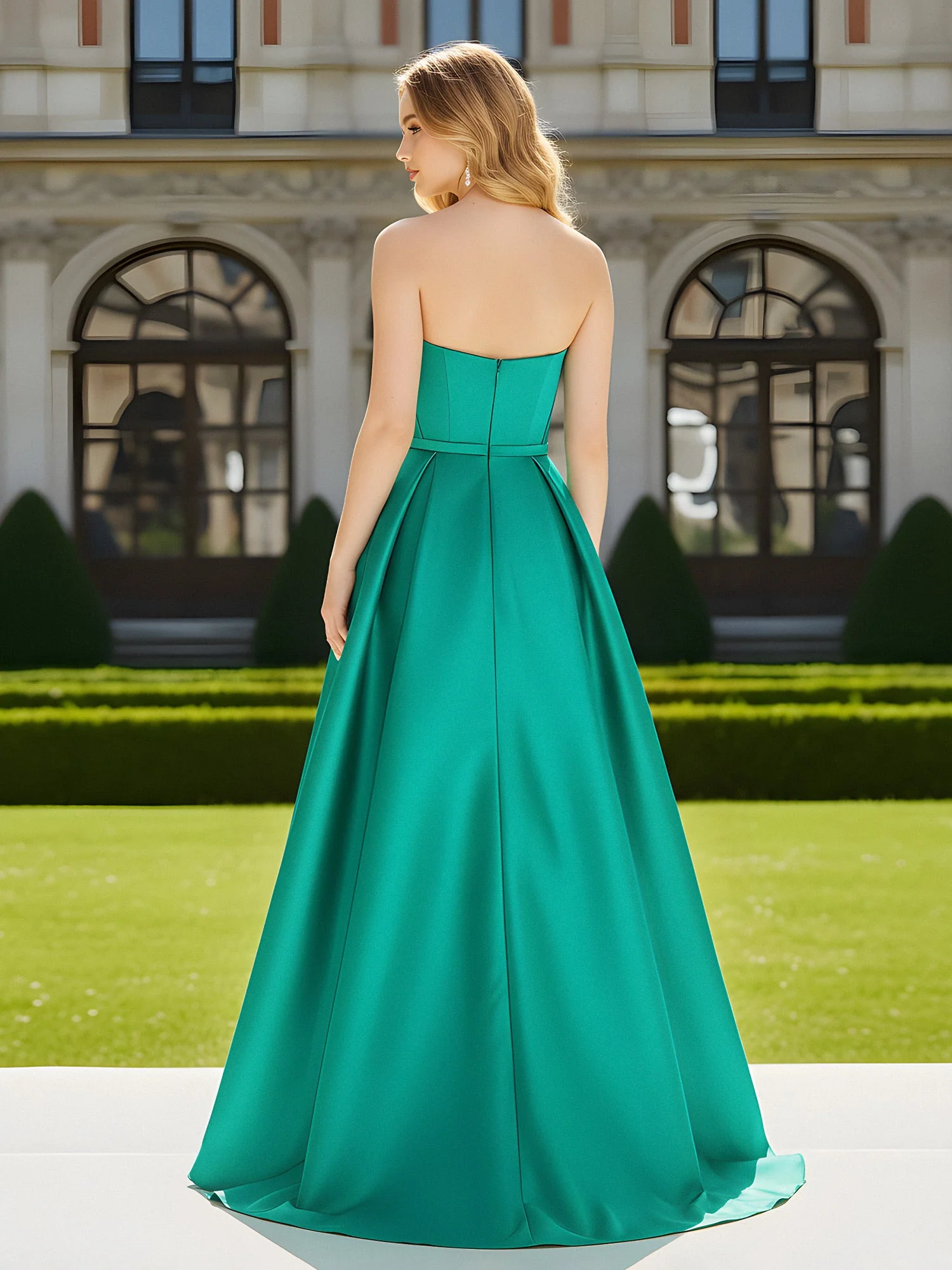 Strapless Sweetheart Neck Sweep Train Gown With Slit Olive Green - Image 2