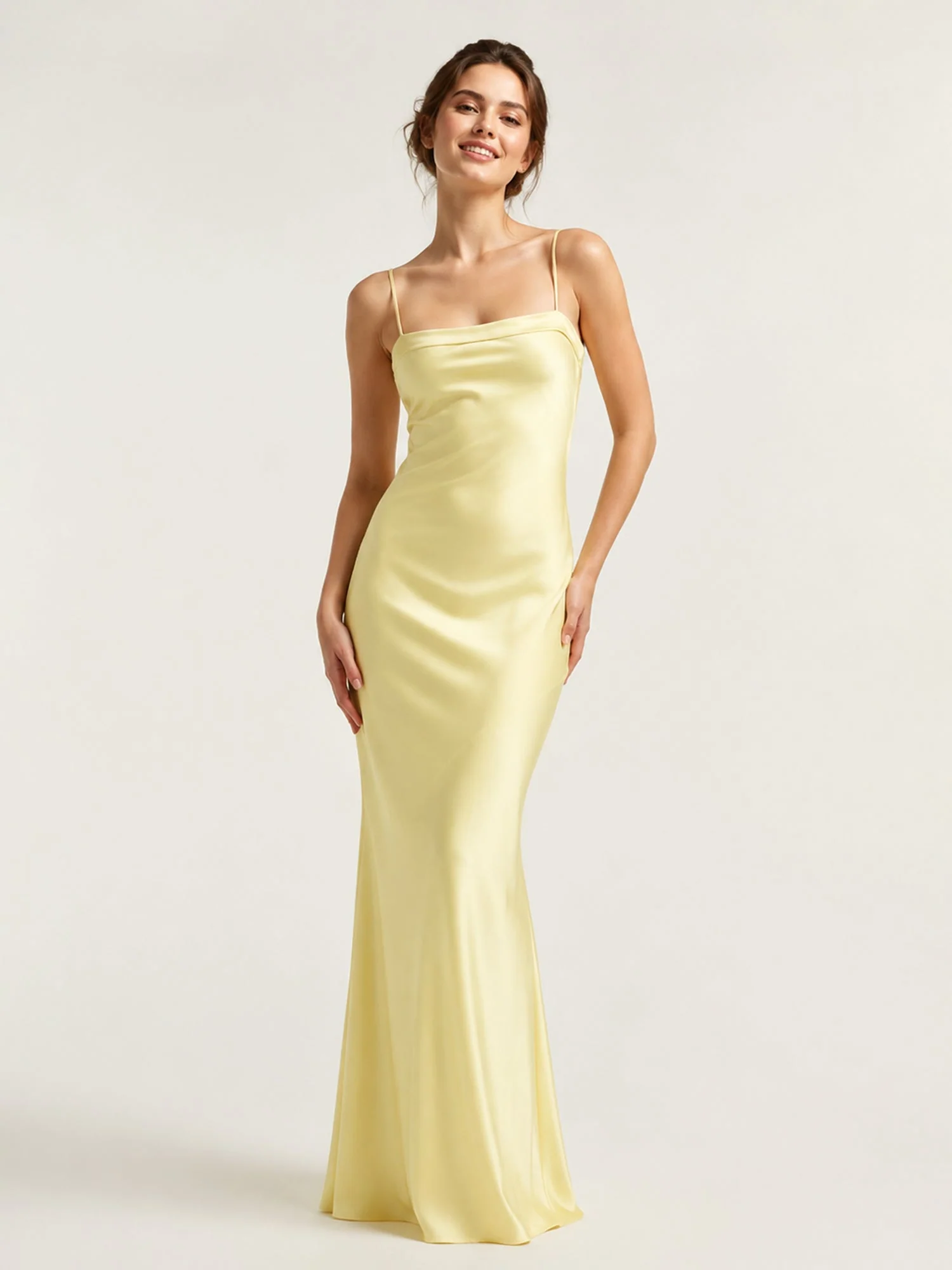 Tie-Back Cutout Column Gown in Fluid Satin Fabric Ivory