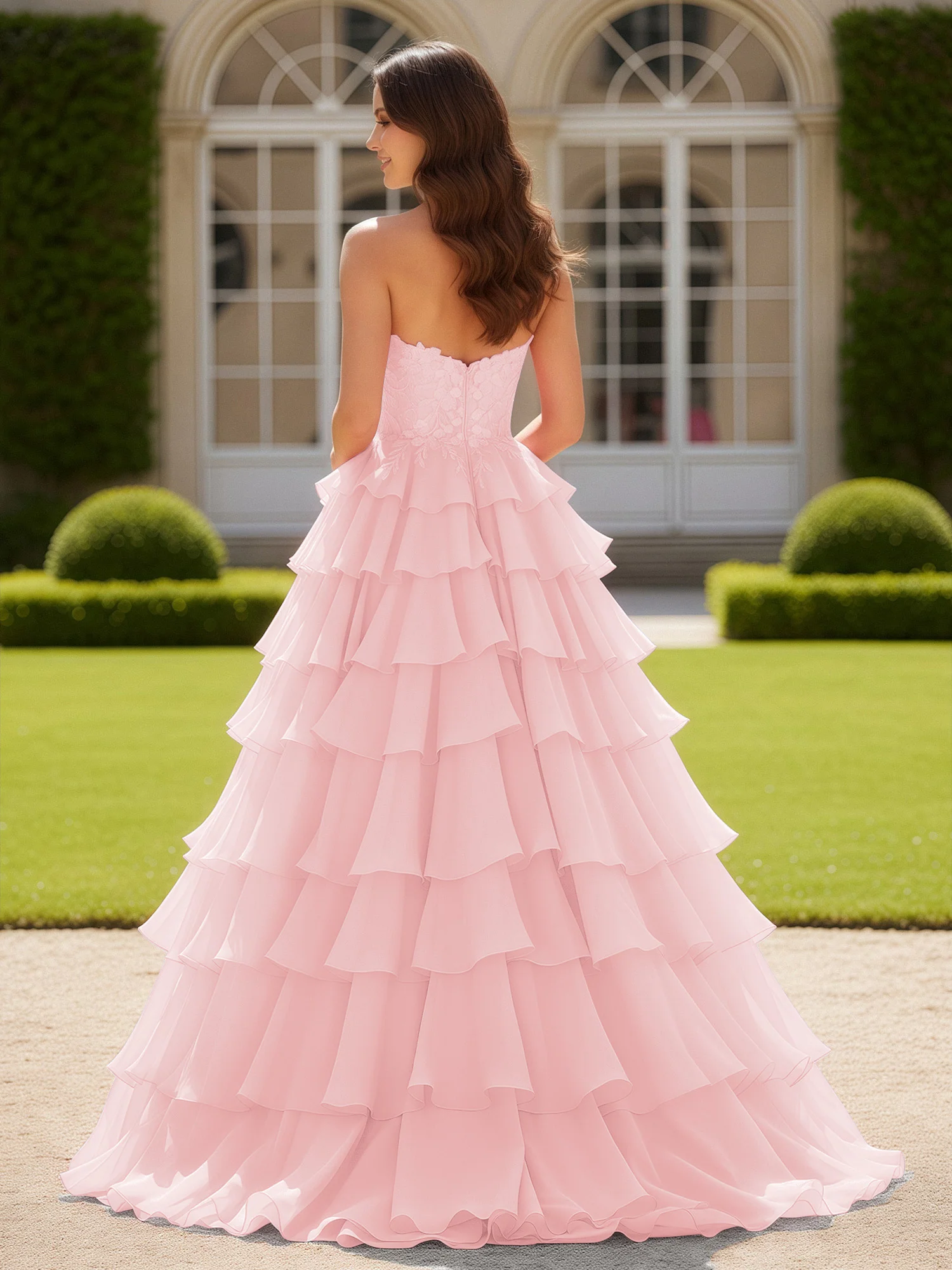 Sweetheart Applique Corset Tiered Chiffon Ball Gown Blushing Pink - Image 2