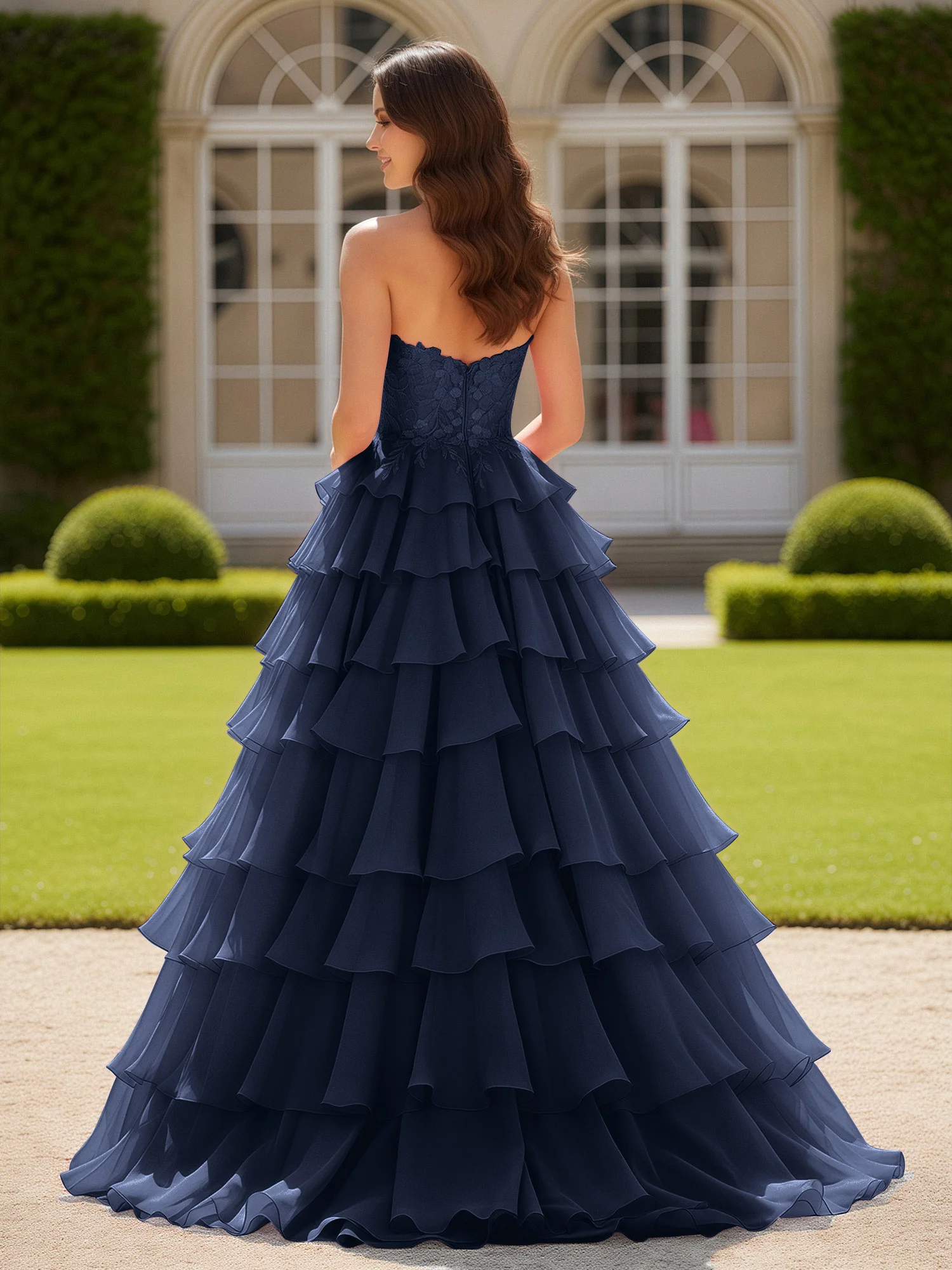 Sweetheart Applique Corset Tiered Chiffon Ball Gown Dark Navy - Image 2
