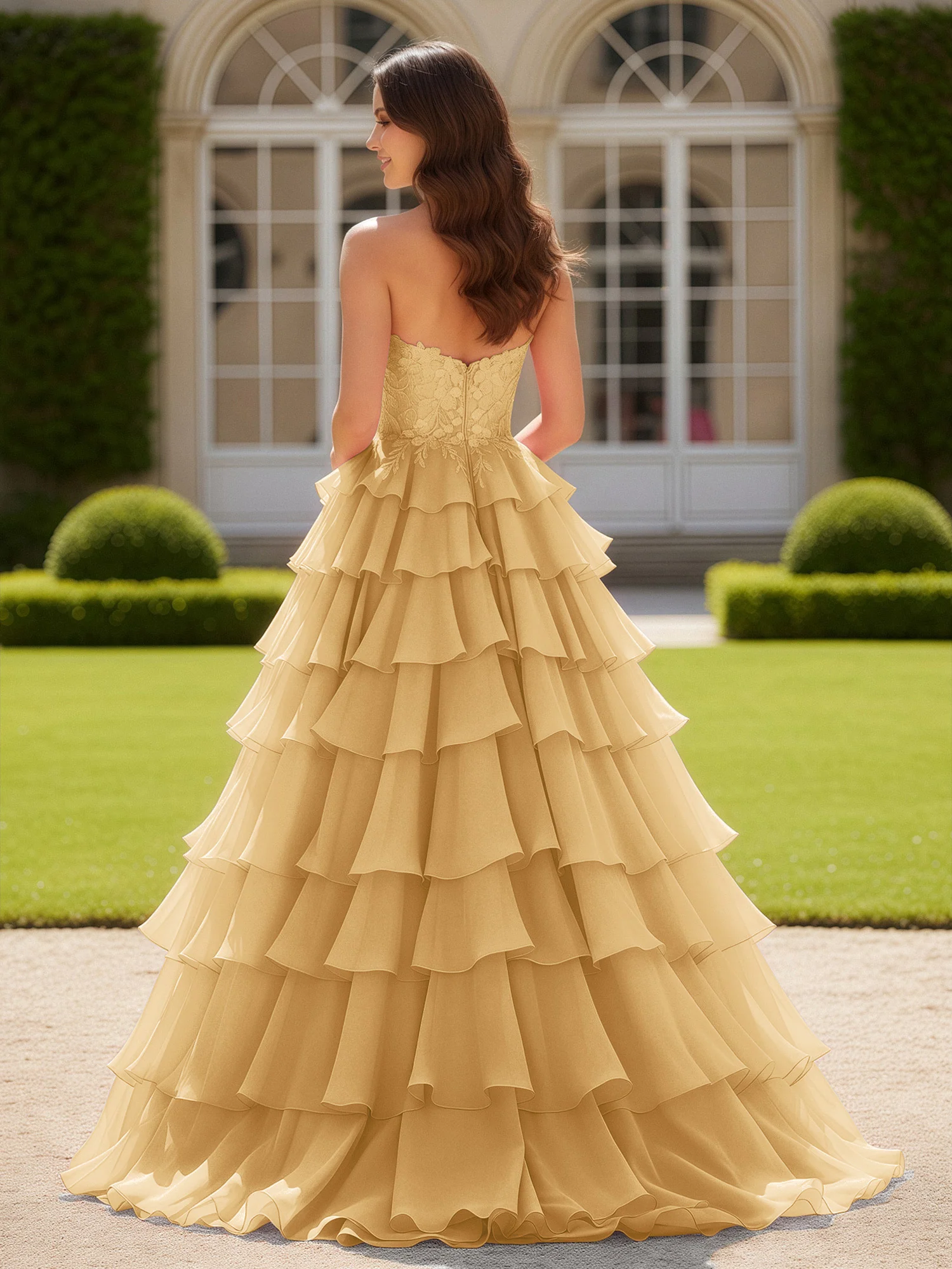 Sweetheart Applique Corset Tiered Chiffon Ball Gown Gold - Image 2