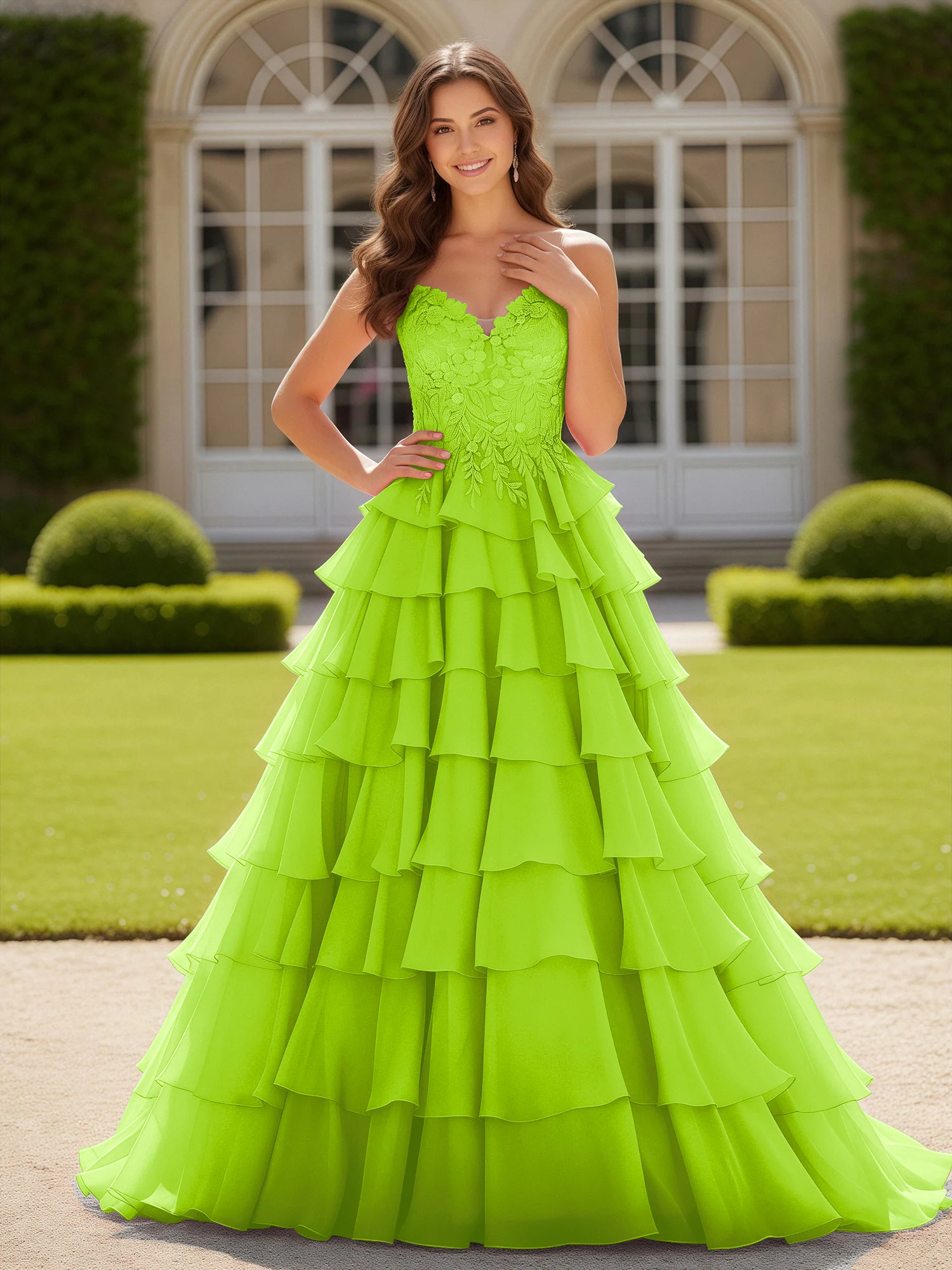 Sweetheart Applique Corset Tiered Chiffon Ball Gown Lime Green