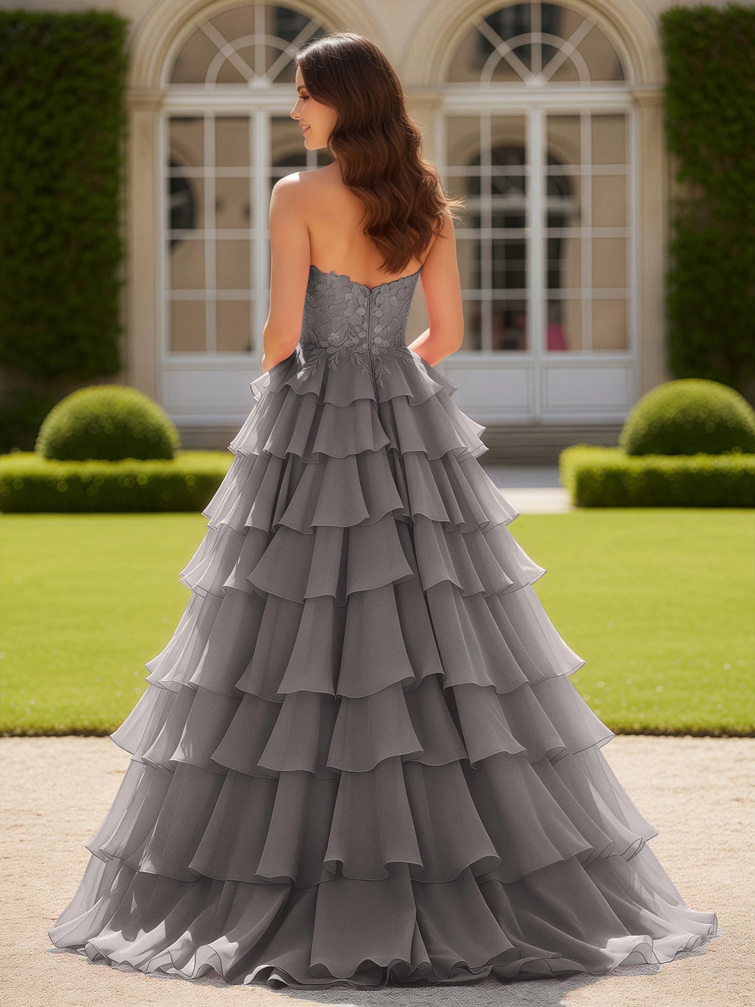 Sweetheart Applique Corset Tiered Chiffon Ball Gown Steel Grey - Image 2