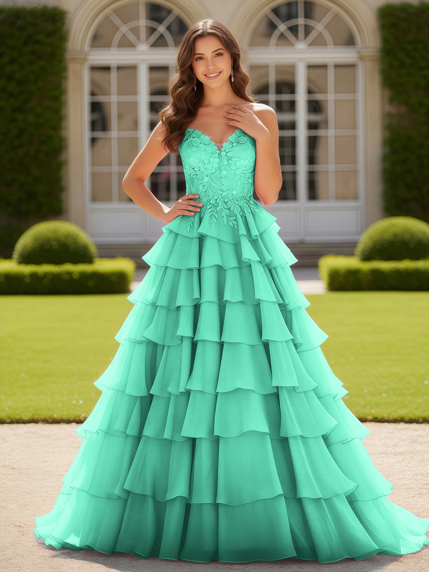 Sweetheart Applique Corset Tiered Chiffon Ball Gown Turquoise