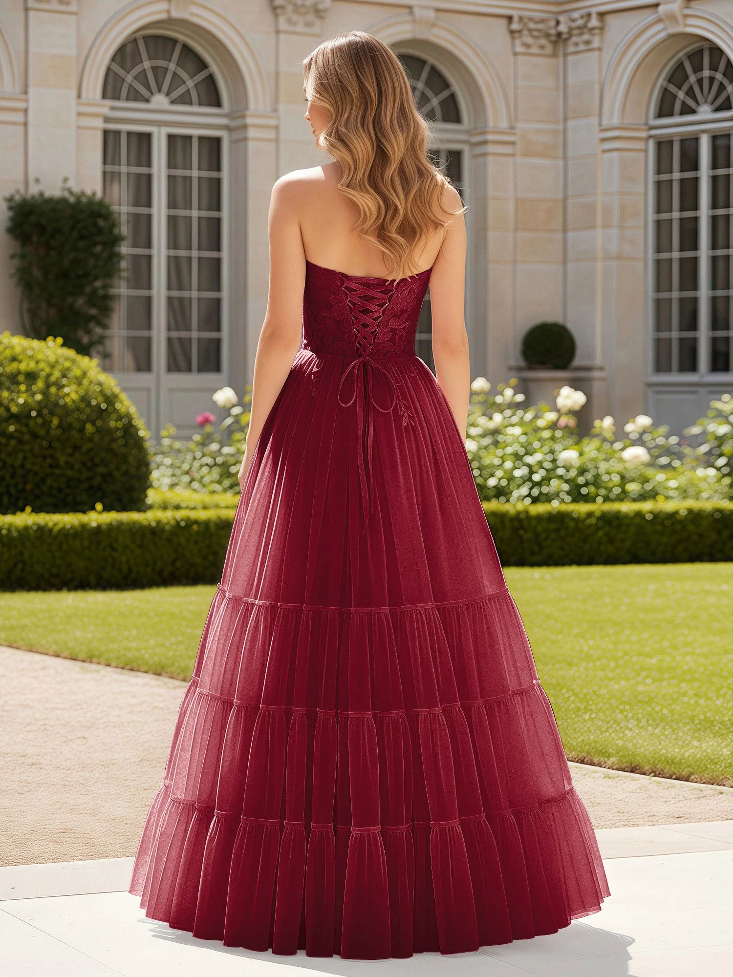 Sweetheart Appliqued Corset Tulle Dress With Slit Burgundy - Image 2