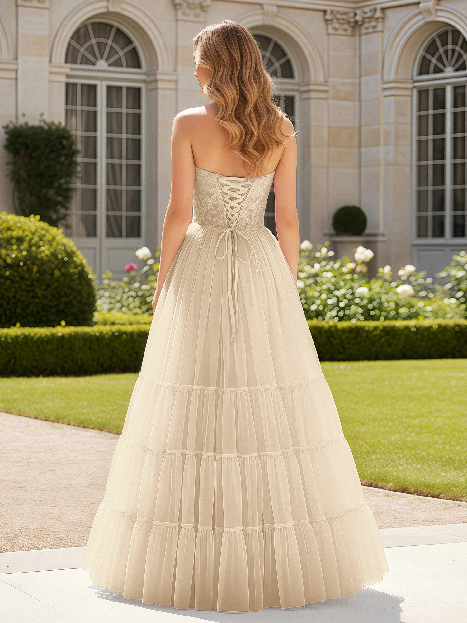 Sweetheart Appliqued Corset Tulle Dress With Slit Champagne - Image 2