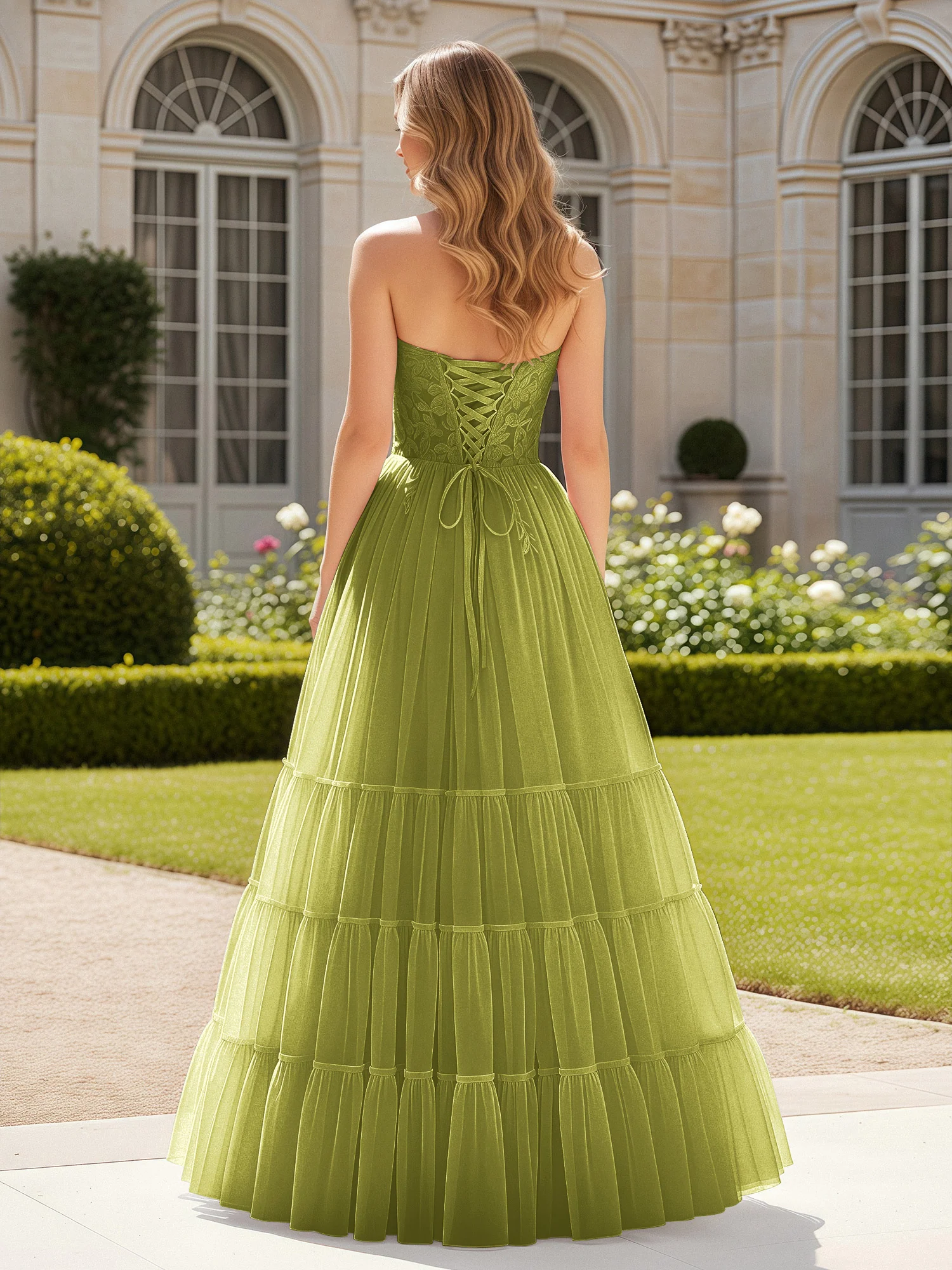 Sweetheart Appliqued Corset Tulle Dress With Slit Clover - Image 2