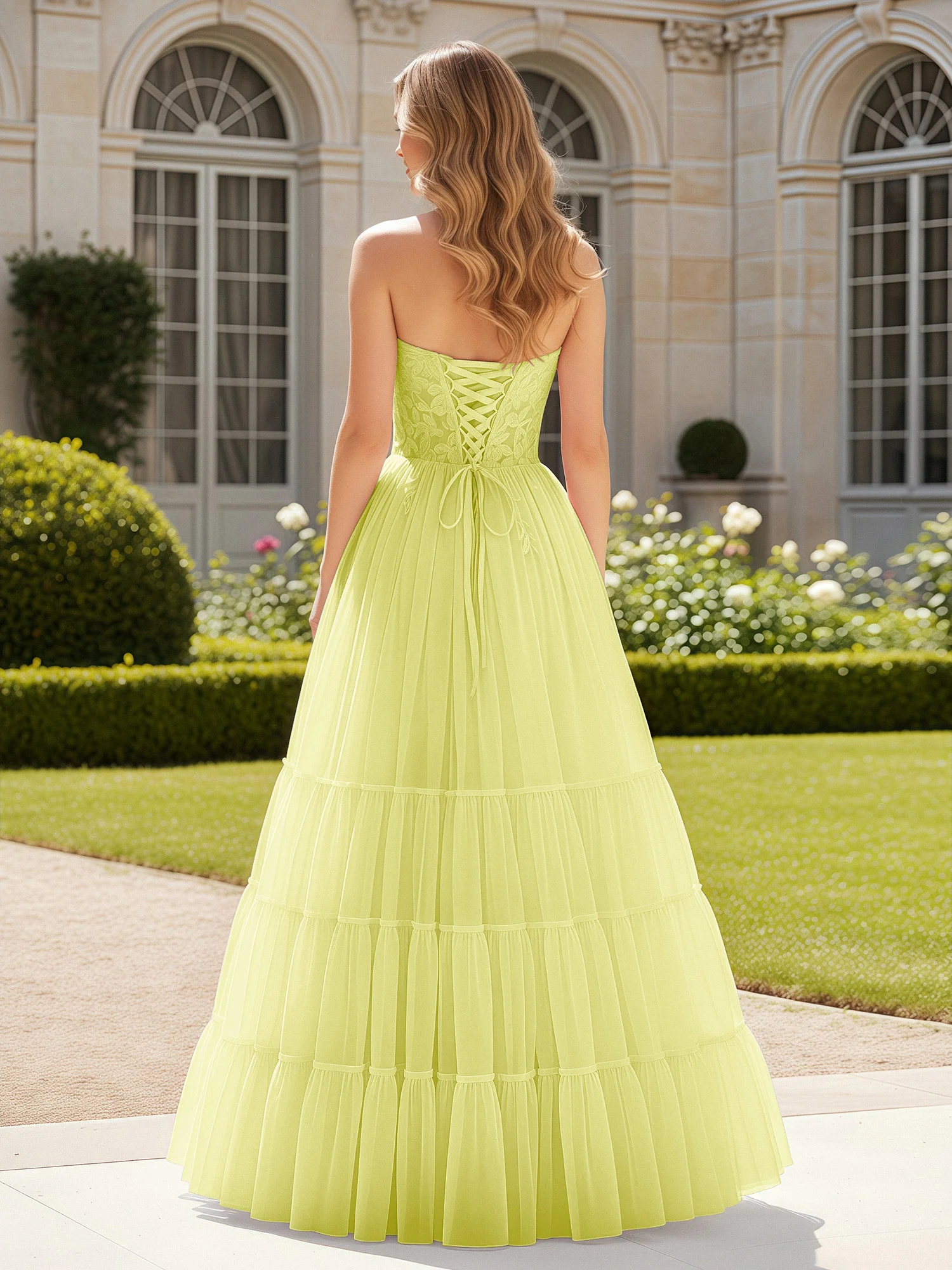Sweetheart Appliqued Corset Tulle Dress With Slit Daffodil - Image 2