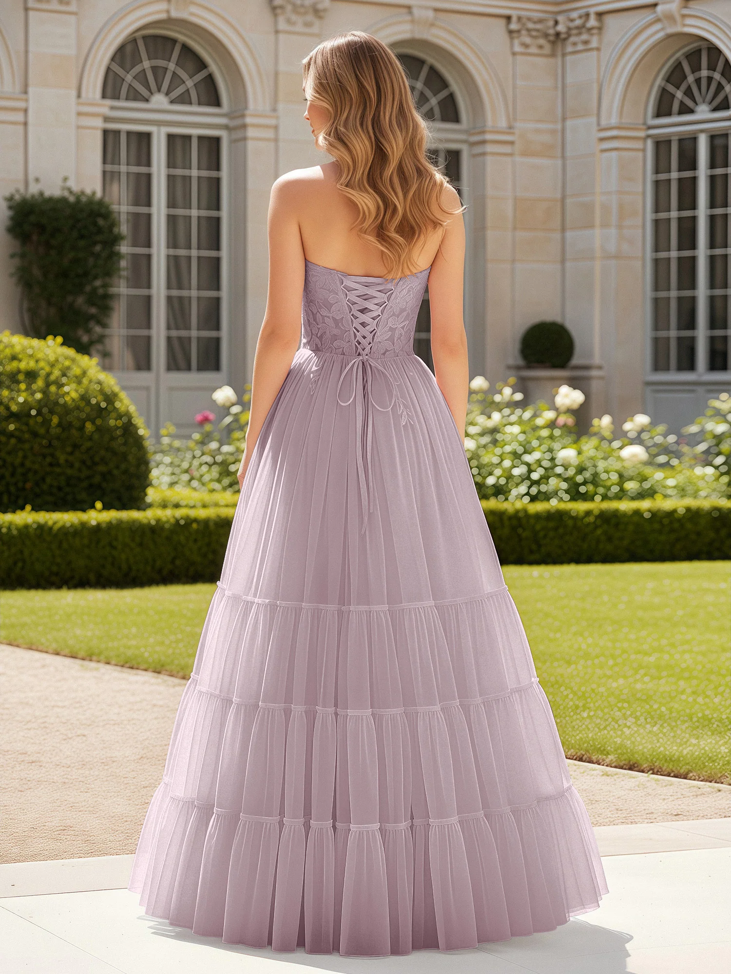 Sweetheart Appliqued Corset Tulle Dress With Slit  Dusk - Image 2