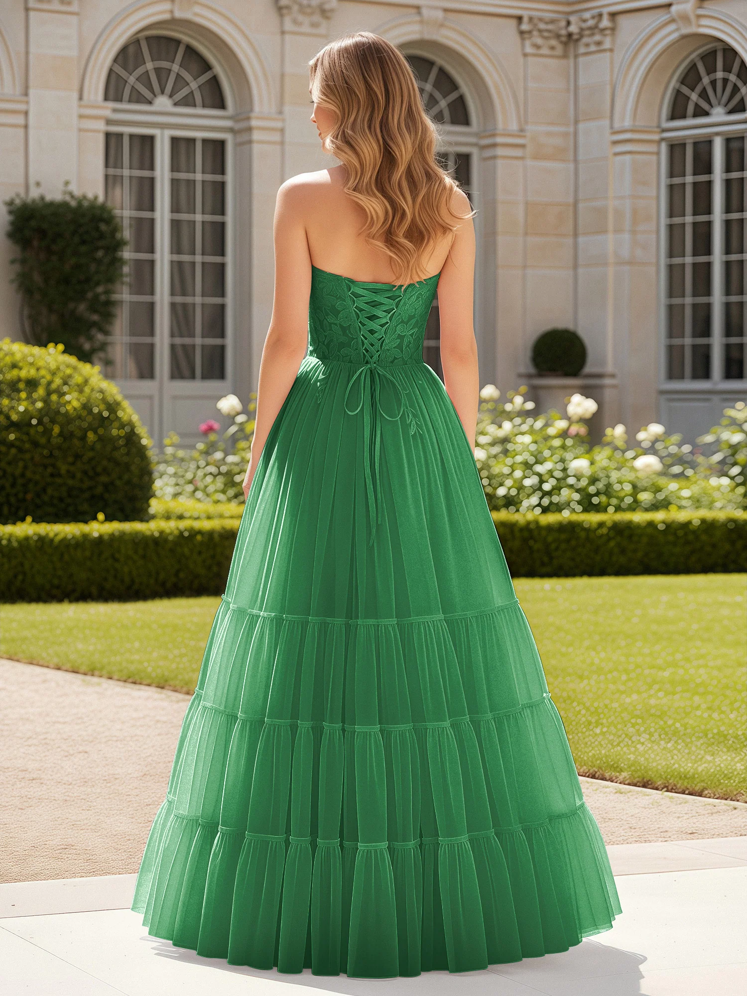 Sweetheart Appliqued Corset Tulle Dress With Slit Emerald - Image 2