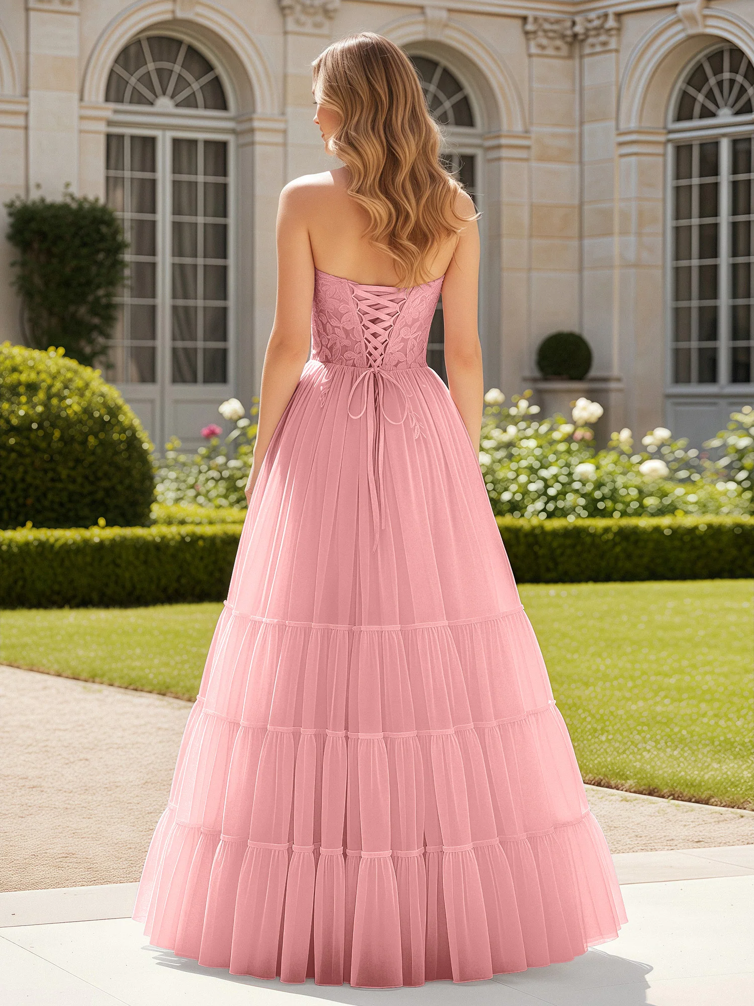 Sweetheart Appliqued Corset Tulle Dress With Slit Flamingo - Image 2