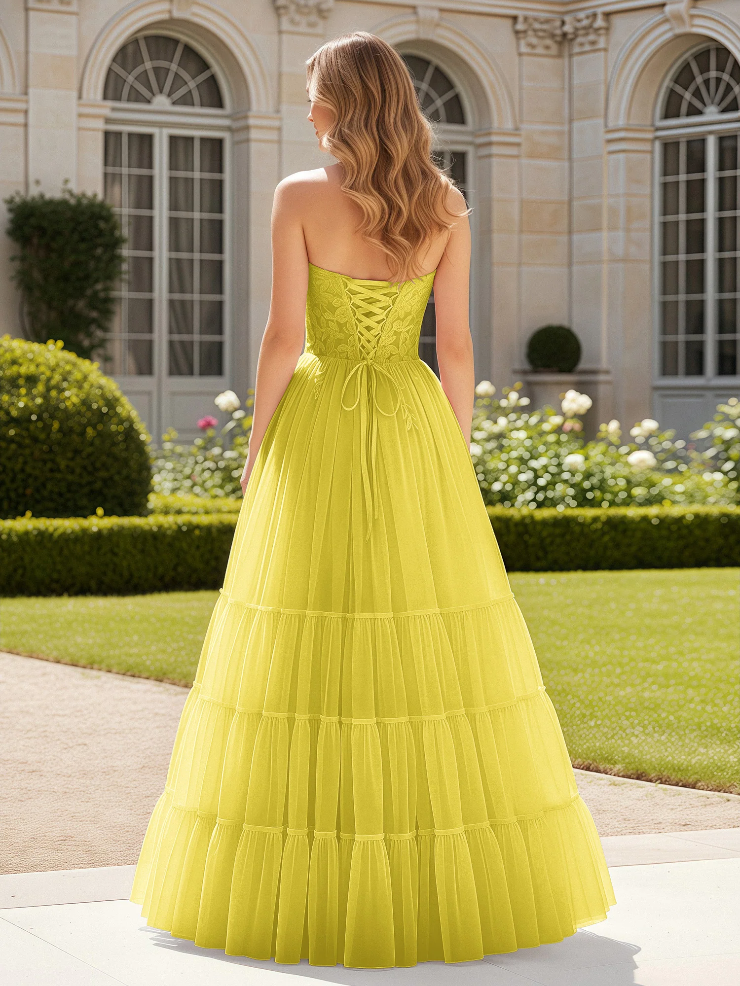 Sweetheart Appliqued Corset Tulle Dress With Slit Lemon - Image 2