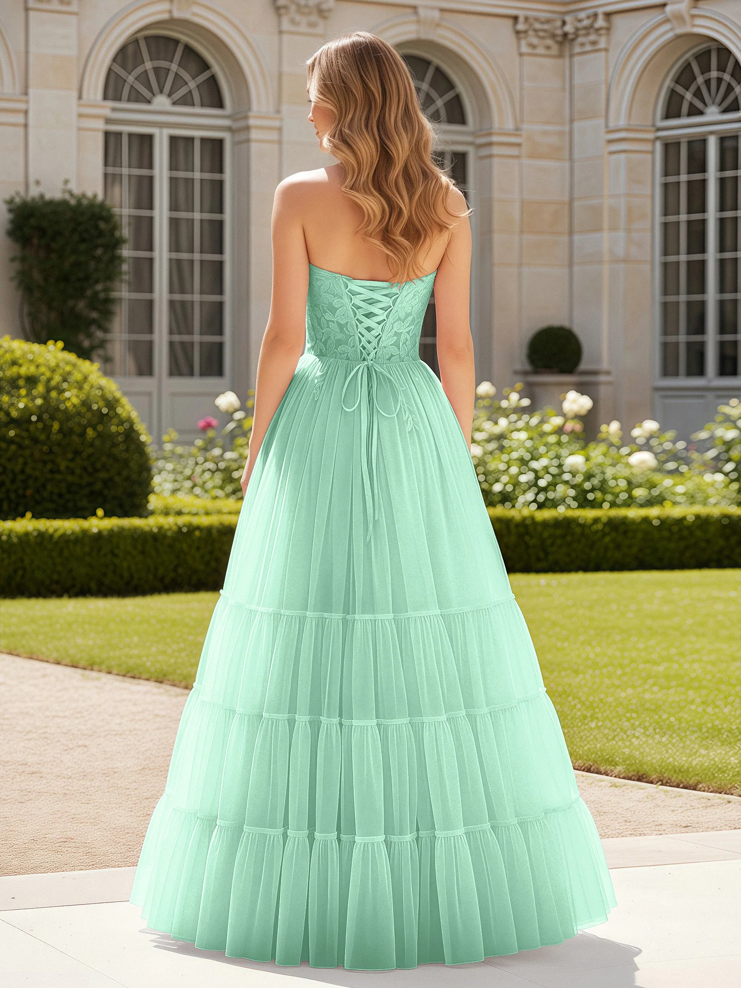 Sweetheart Appliqued Corset Tulle Dress With Slit  Mint Green - Image 2