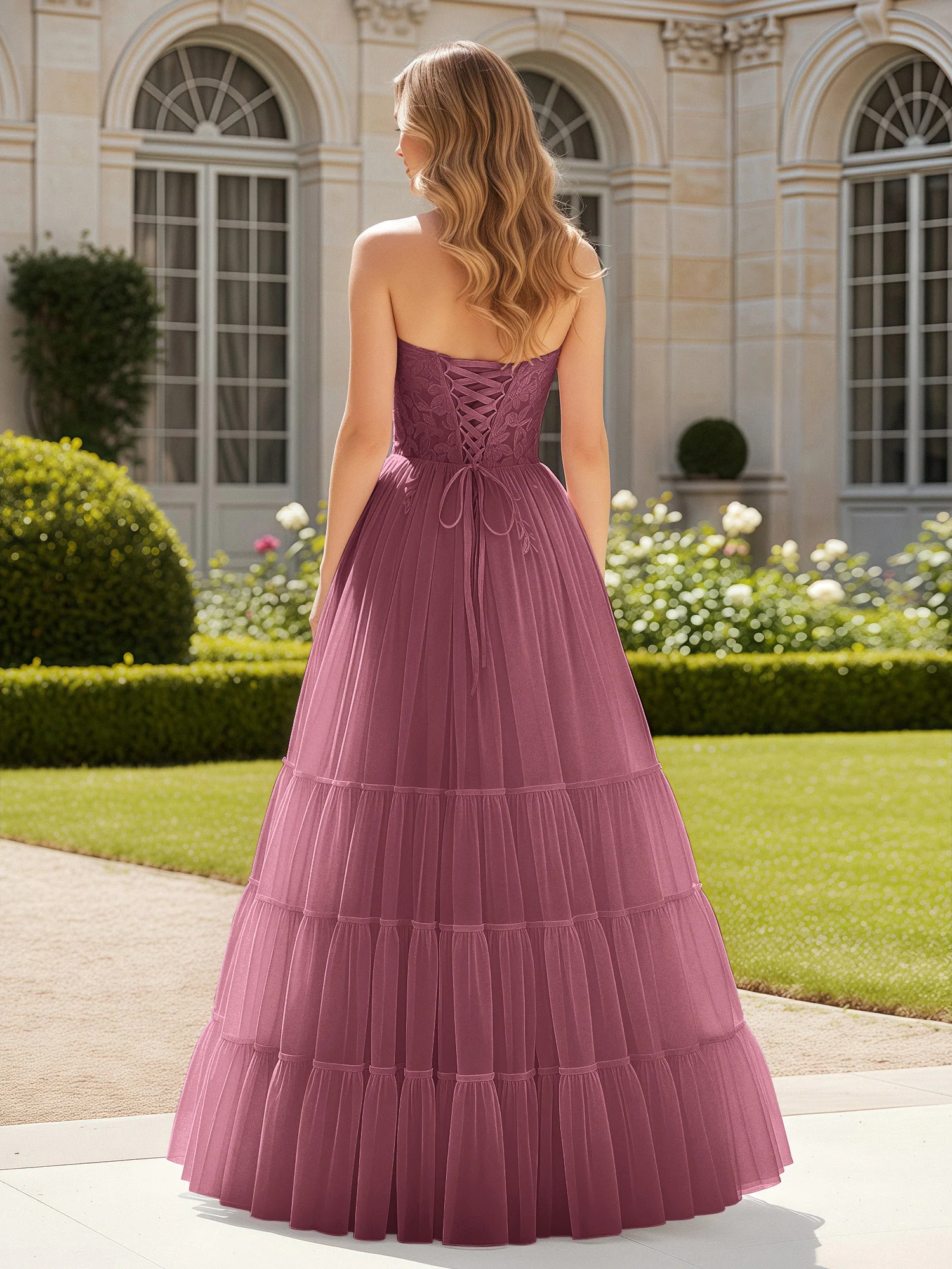 Sweetheart Appliqued Corset Tulle Dress With Slit Mulberry - Image 2