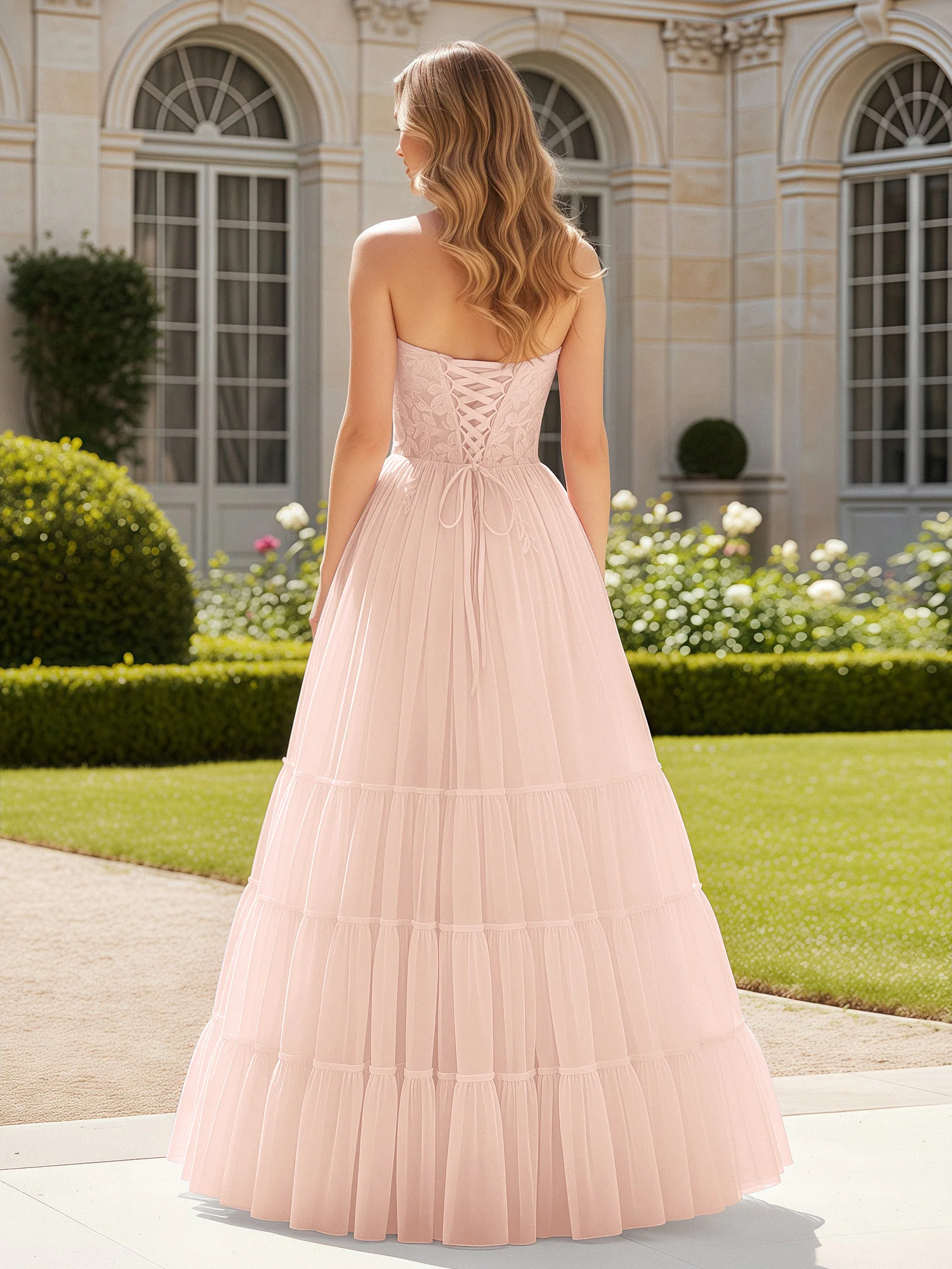 Sweetheart Appliqued Corset Tulle Dress With Slit Pearl Pink - Image 2
