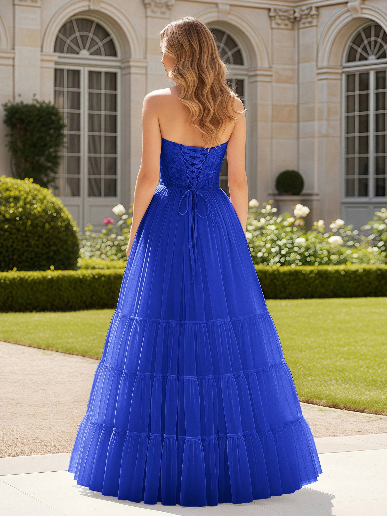 Sweetheart Appliqued Corset Tulle Dress With Slit Royal Blue - Image 2