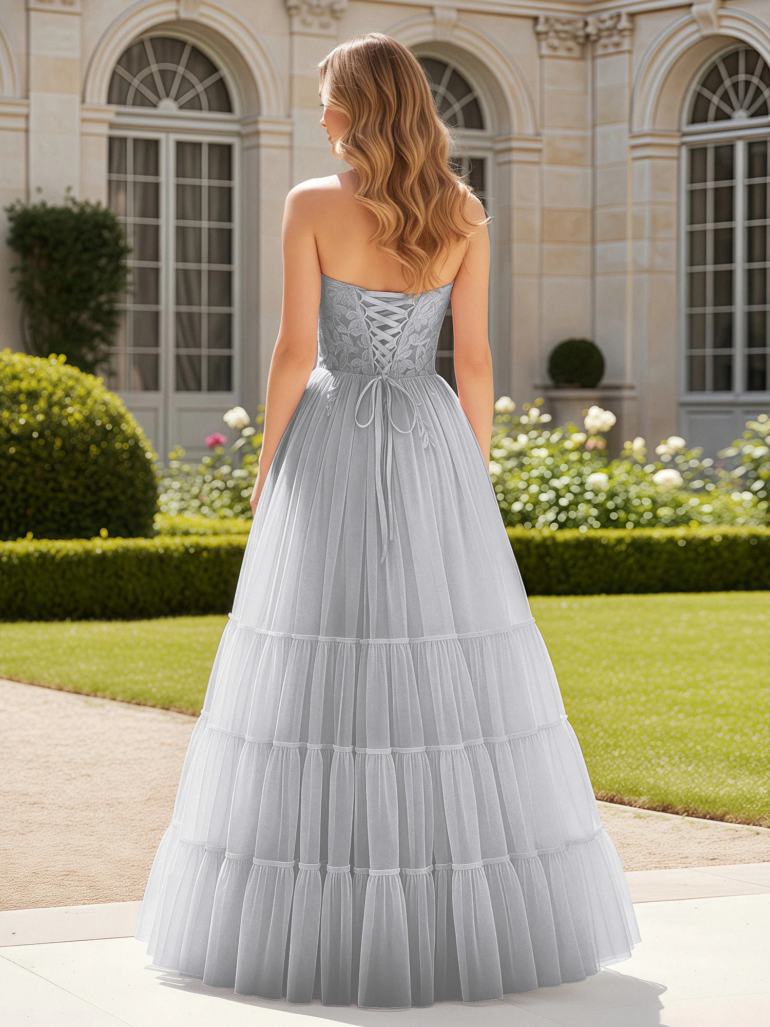 Sweetheart Appliqued Corset Tulle Dress With Slit  Silver - Image 2