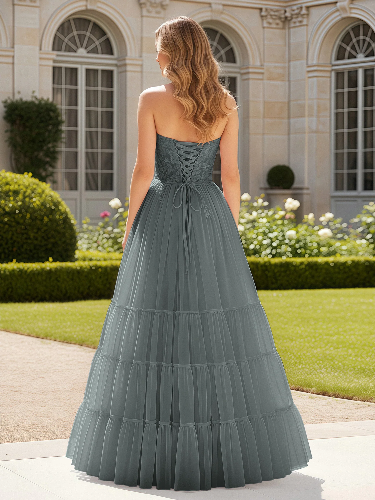 Sweetheart Appliqued Corset Tulle Dress With Slit Steel Grey - Image 2