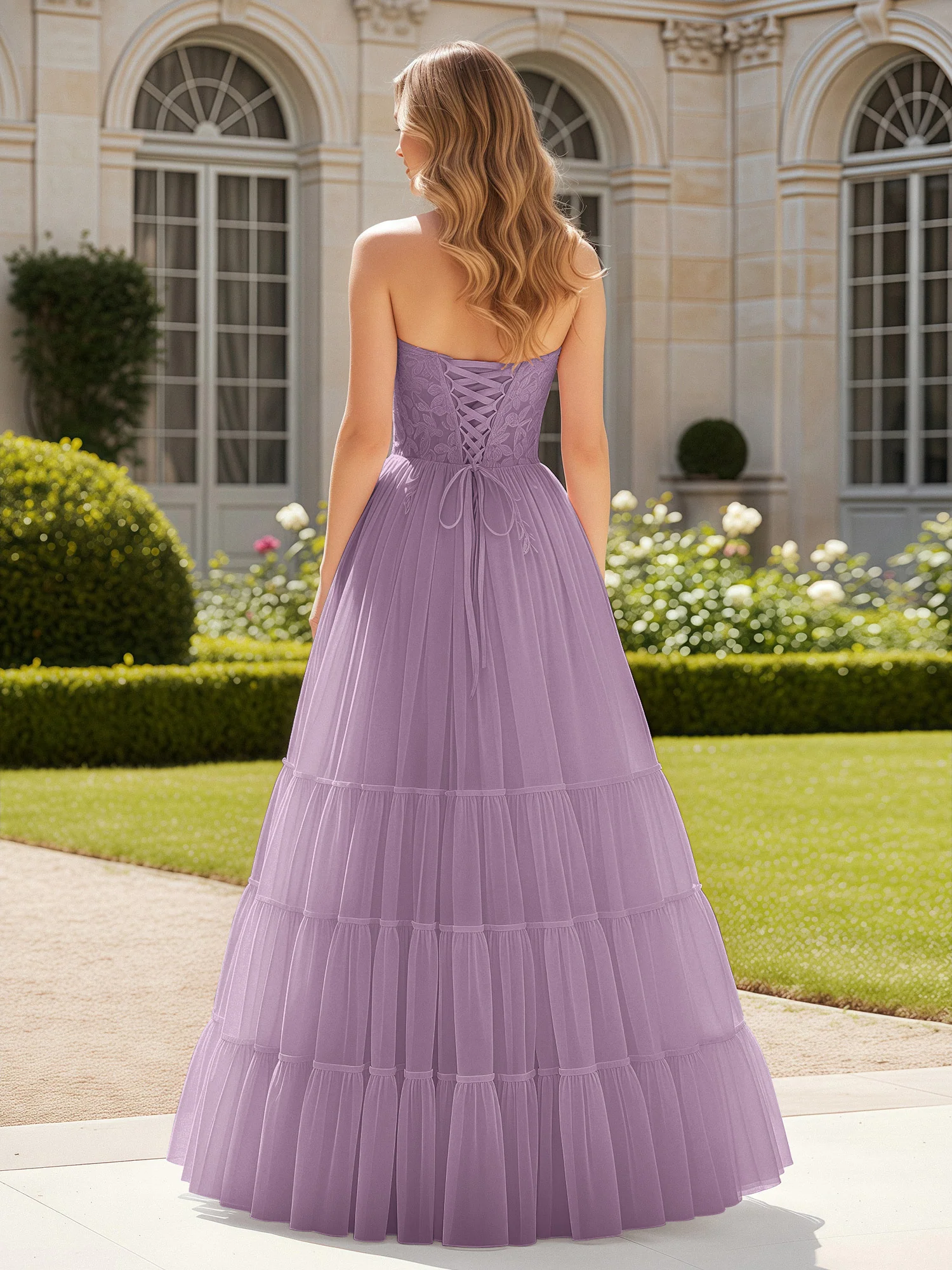Sweetheart Appliqued Corset Tulle Dress With Slit Wisteria - Image 2