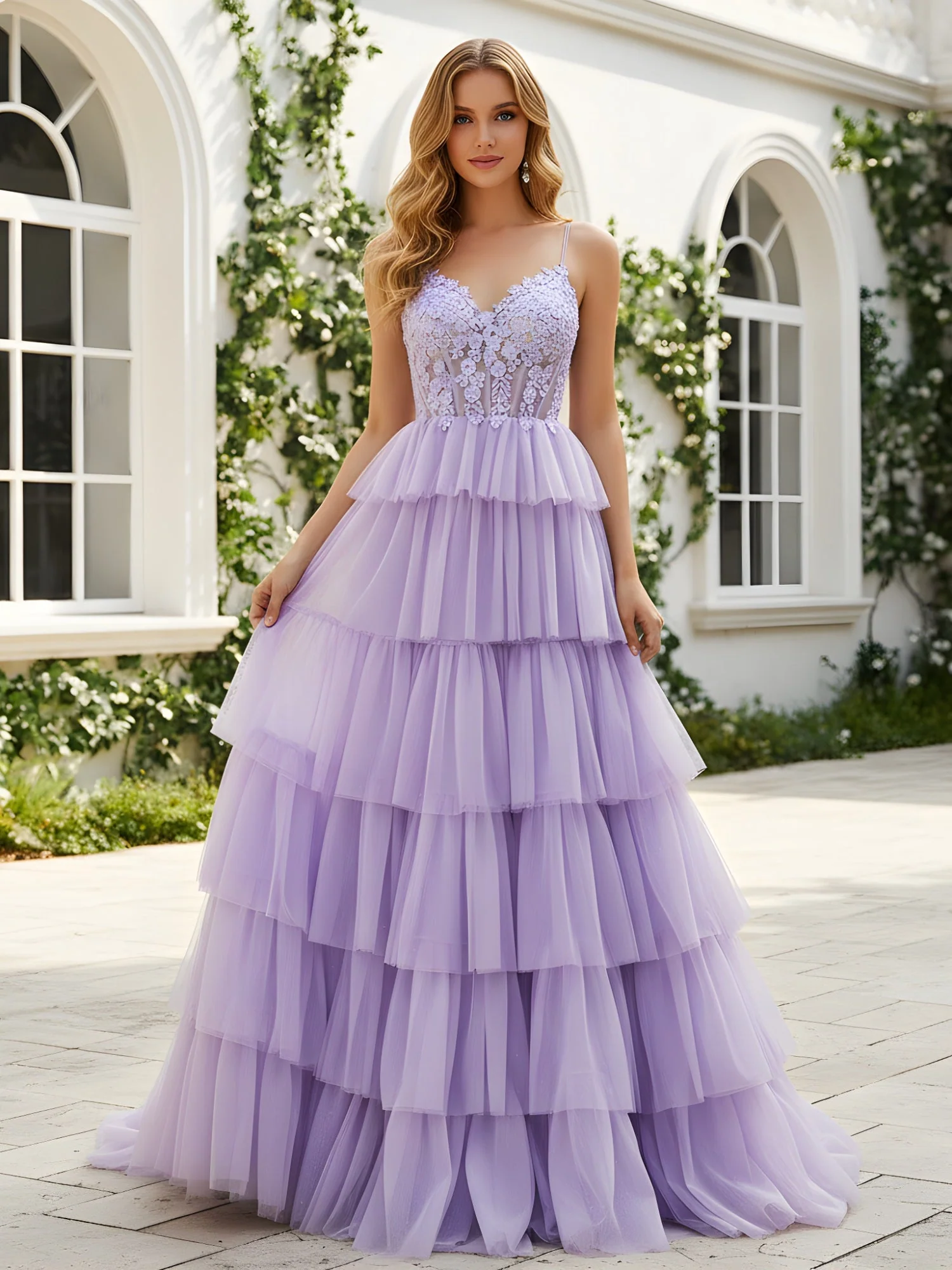 Sweetheart Corset A-Line Tiered Tulle Dress Brown