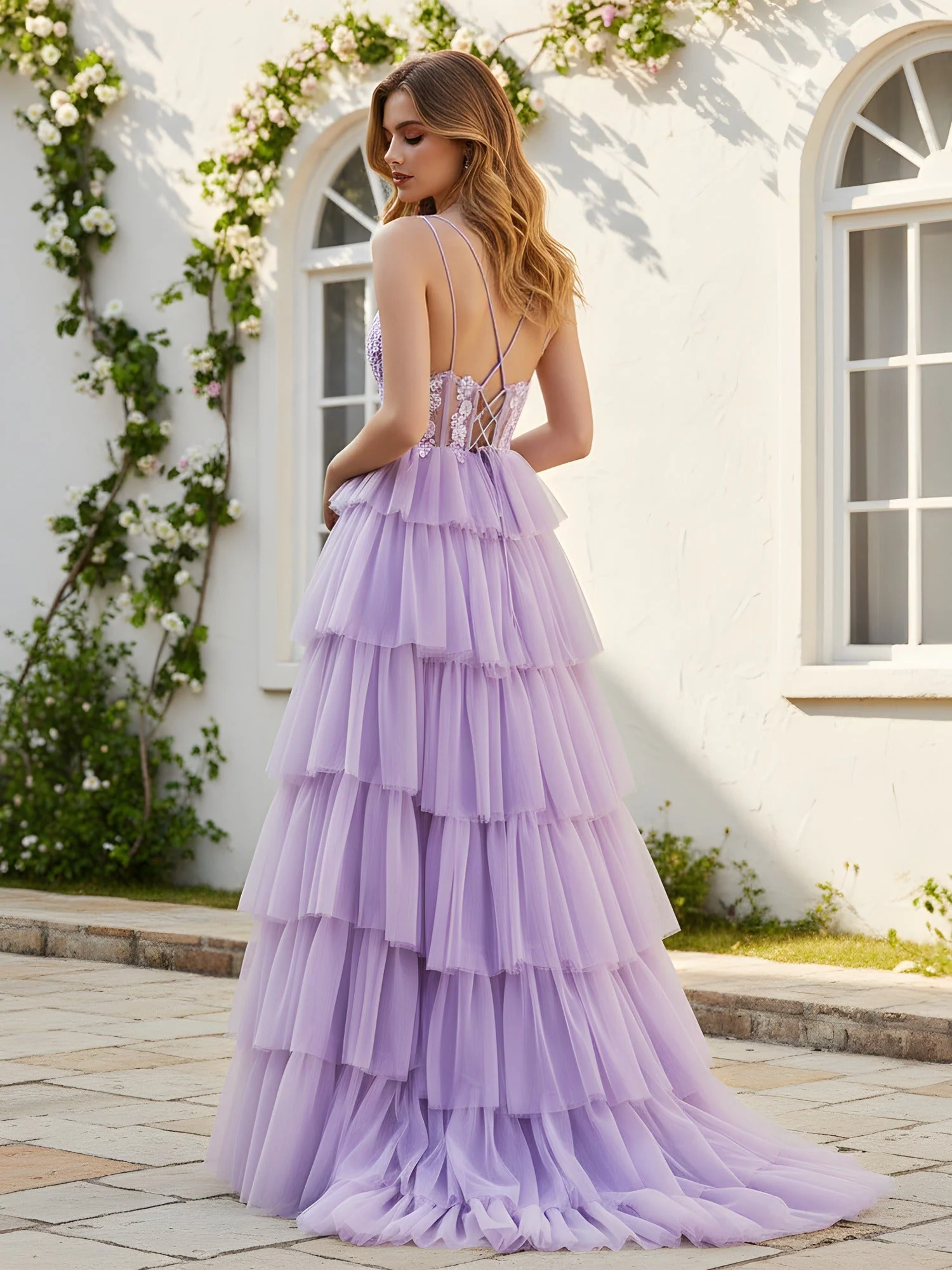 Sweetheart Corset A-Line Tiered Tulle Dress Brown - Image 2
