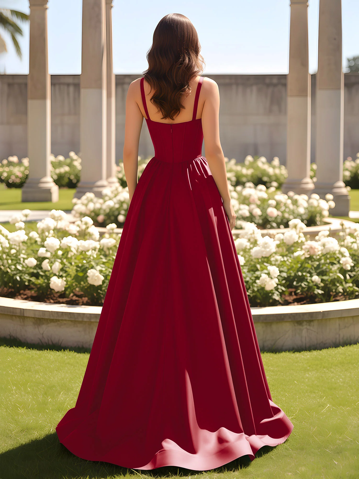 Sweetheart Cutout A-Line Ruched Dress With Slit Burgundy - Image 2