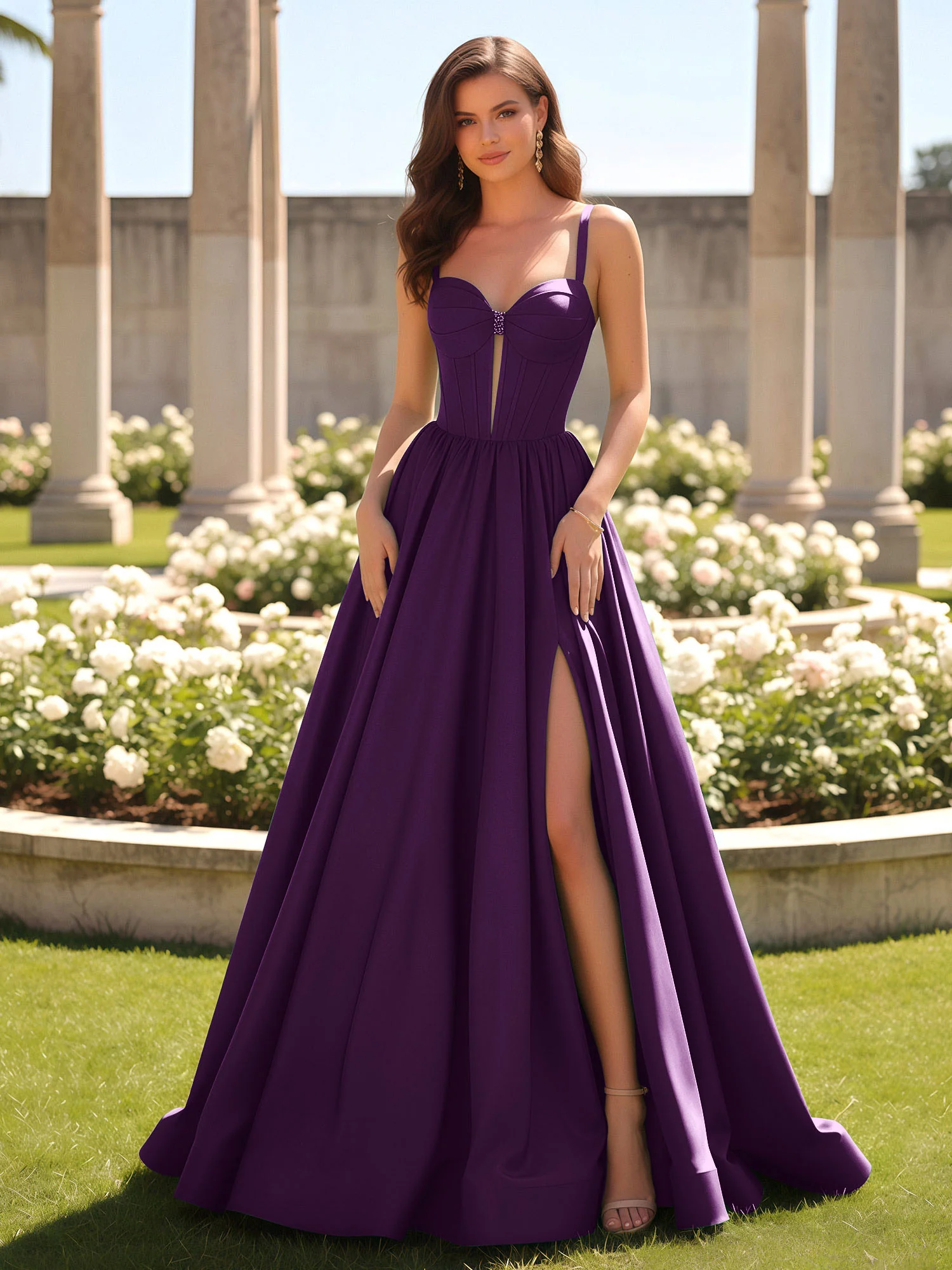 Sweetheart Cutout A-Line Ruched Dress With Slit Grape