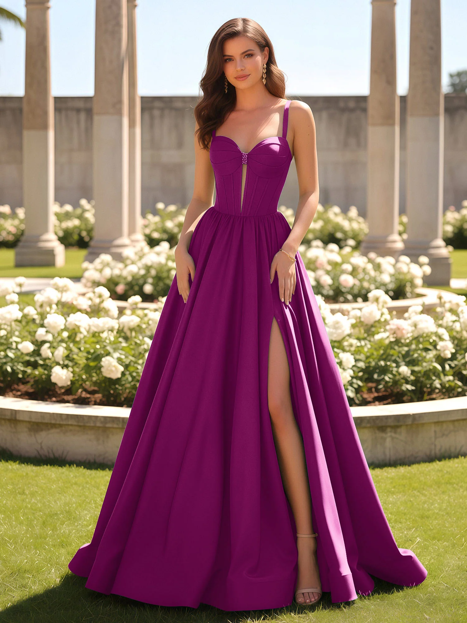 Sweetheart Cutout A-Line Ruched Dress With Slit Orchid