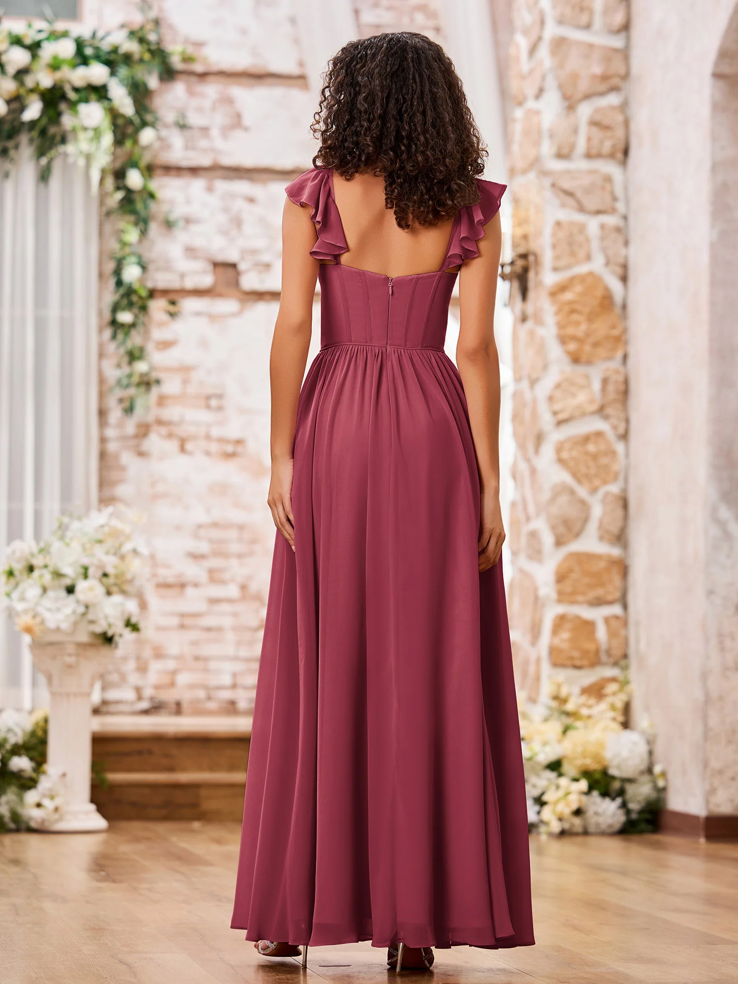 Sweetheart Neck Ruffle Shoulder Straps Chiffon Boho Dresses Cinnamon Rose - Image 2