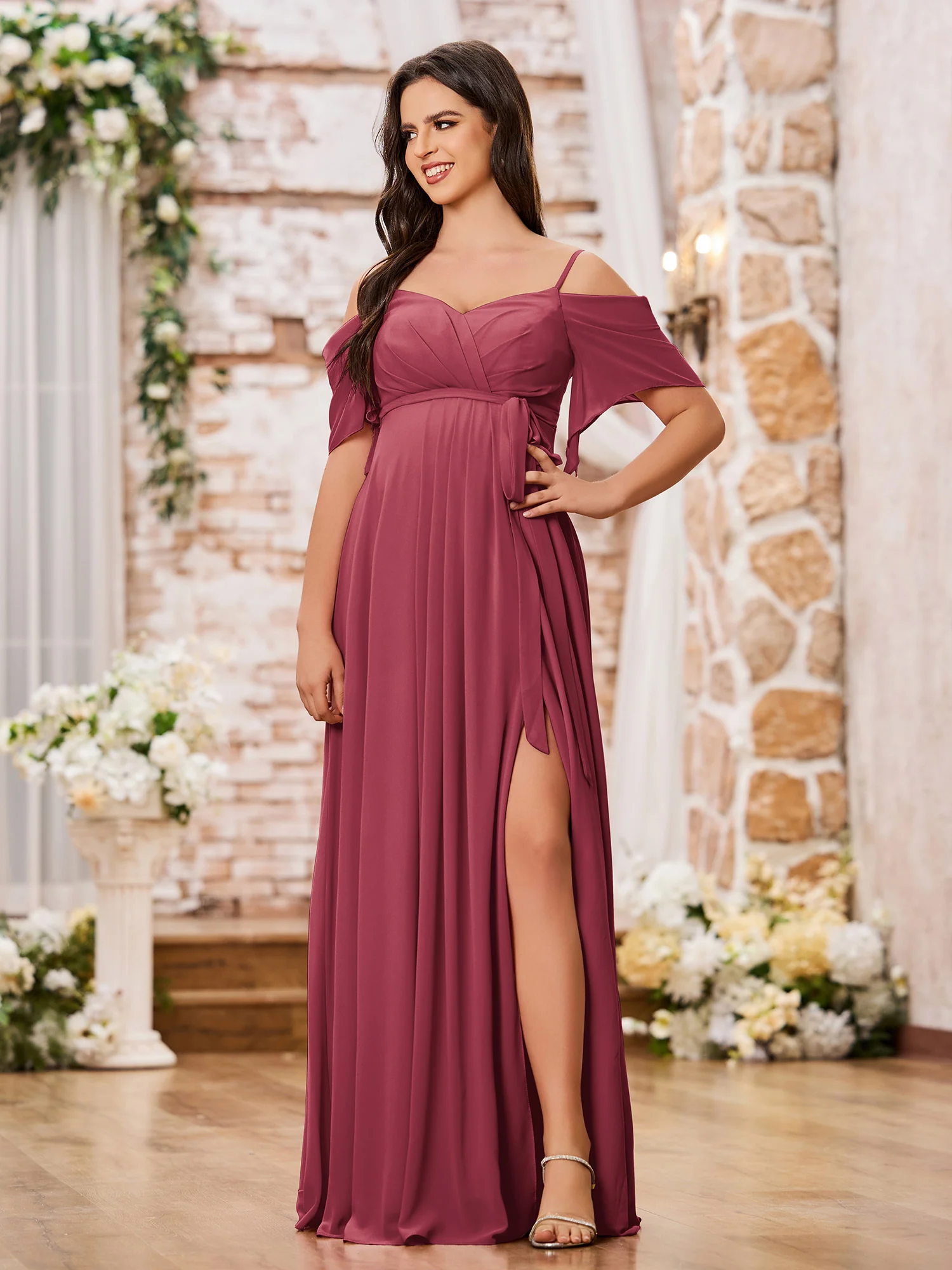 Sweetheart Neck Spaghetti Straps Empire Chiffon Dresses Cinnamon Rose - Image 3